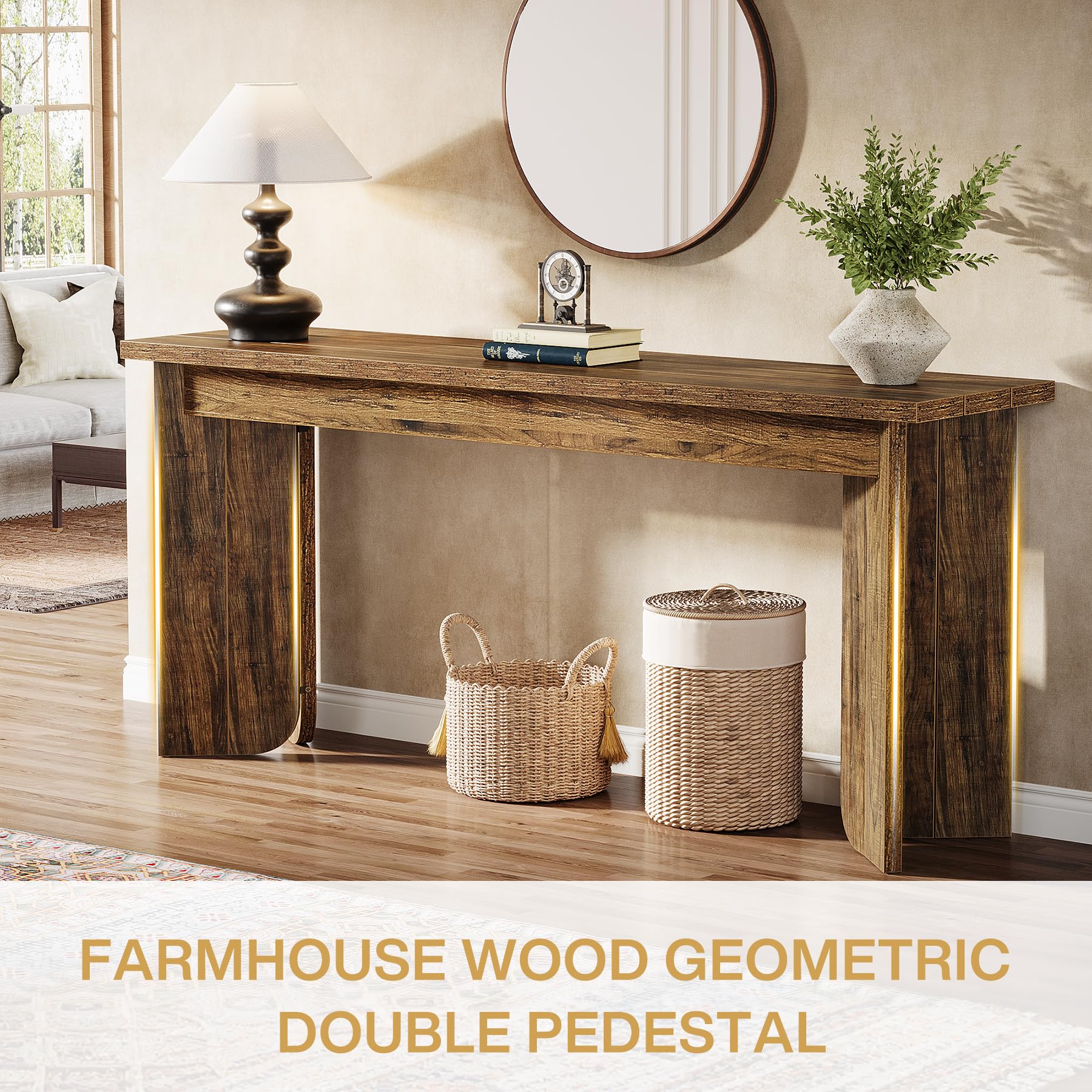 70.9" Extra Long Farmhouse Console Table, Wooden Sofa Table with Wide Top & Sturdy Pedestal for Living Room, Brown