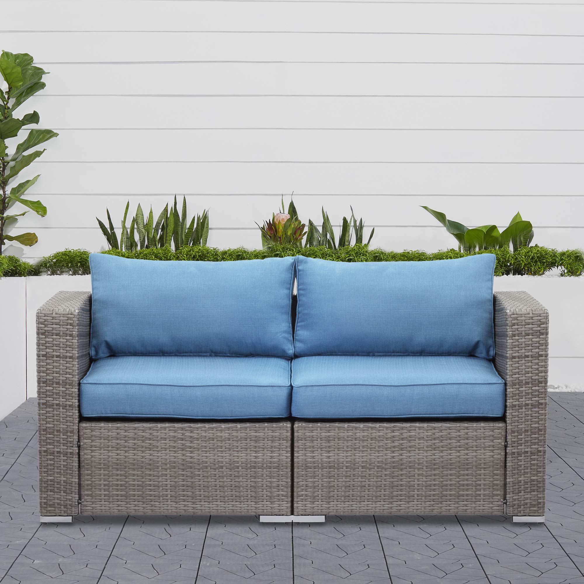 Outdoor 2-Piece Wicker Loveseat Set with Cushions, Sectional Patio Corner Sofa for Garden, Blue