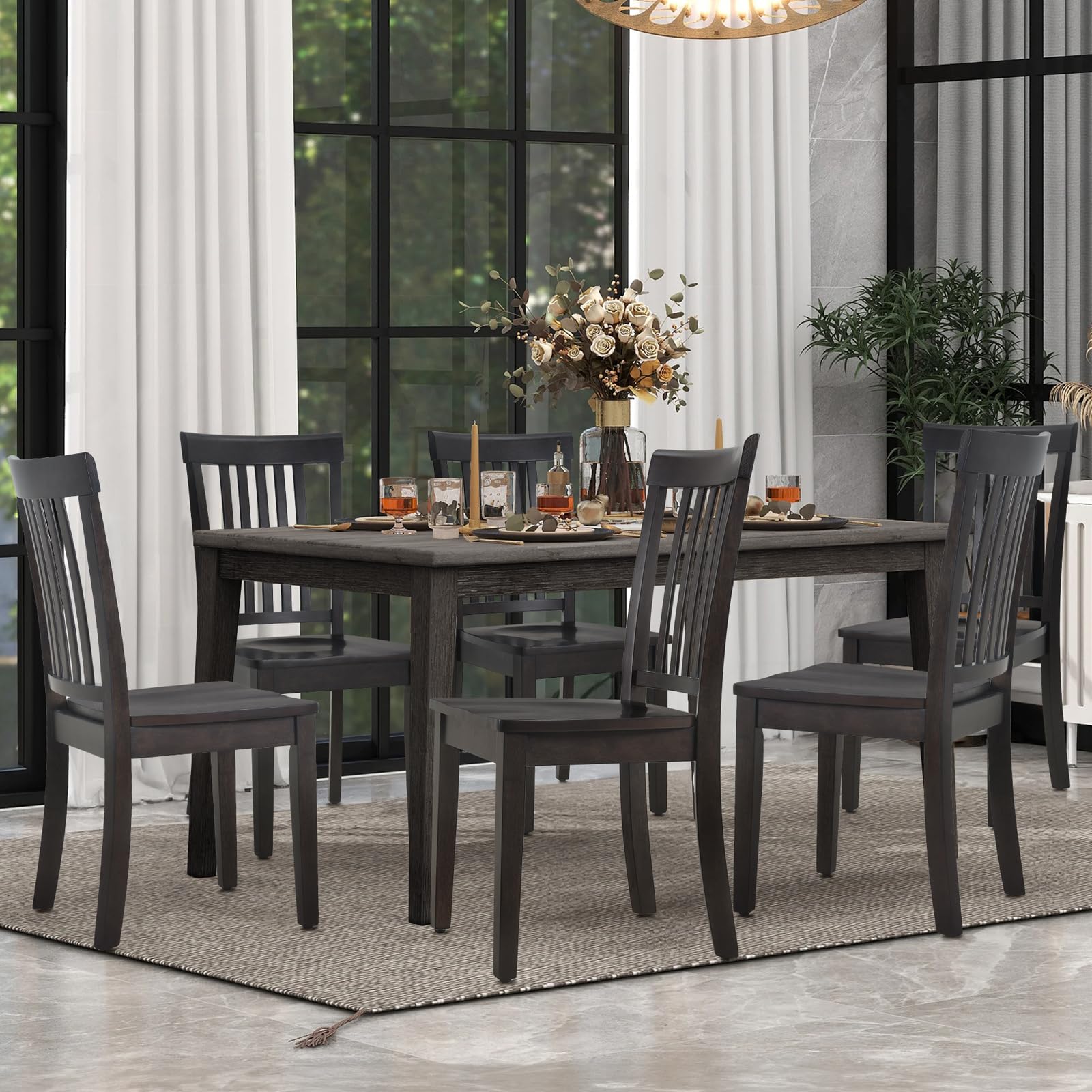 Set of 6 Windsor Spindle Back Dining Chairs, Farmhouse Wooden Side Chairs for Kitchen, Dark Brown