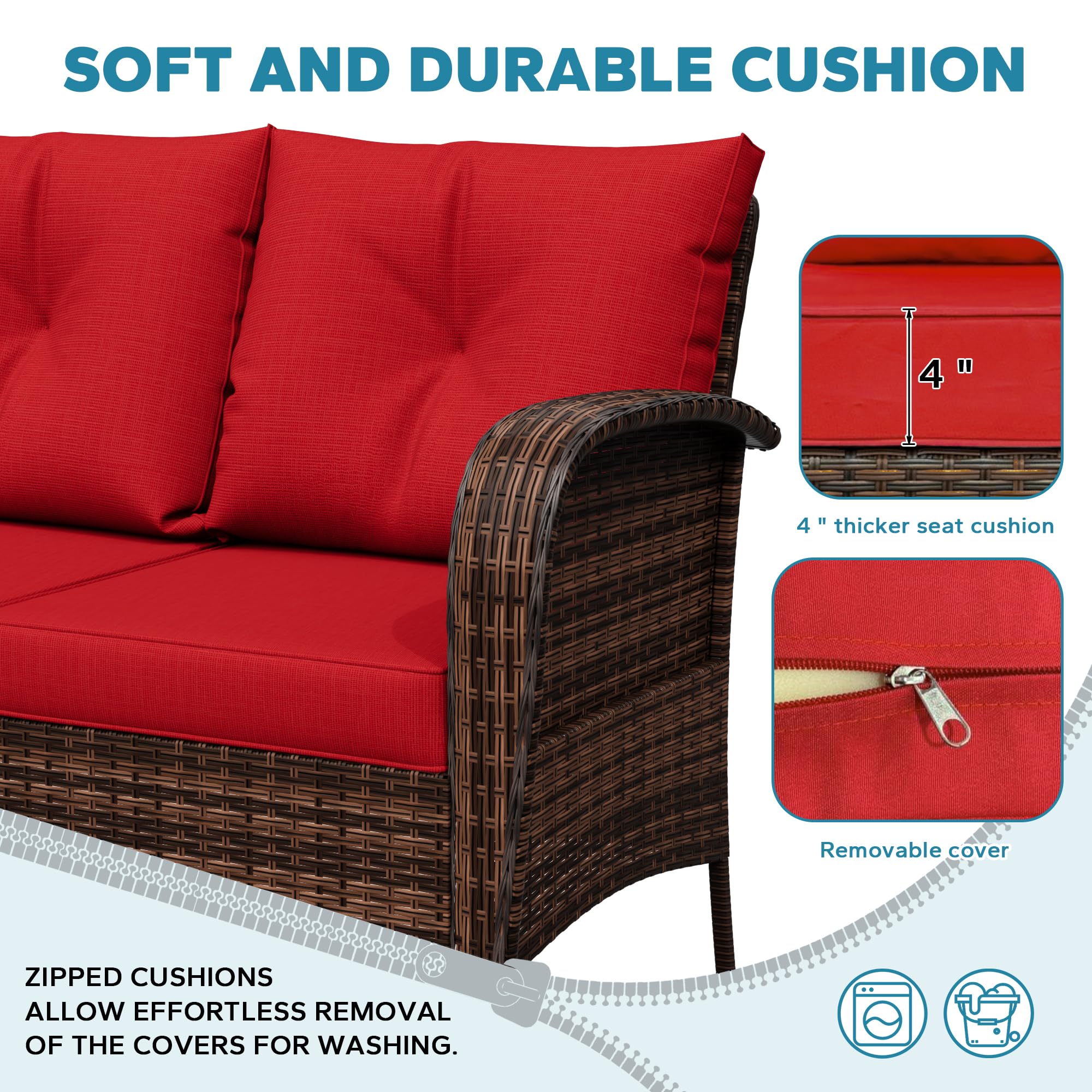 73" Red Wicker Patio Sofa, 3-Seater Rattan Couch with Cushions, Outdoor Deep Seat Furniture for Porch