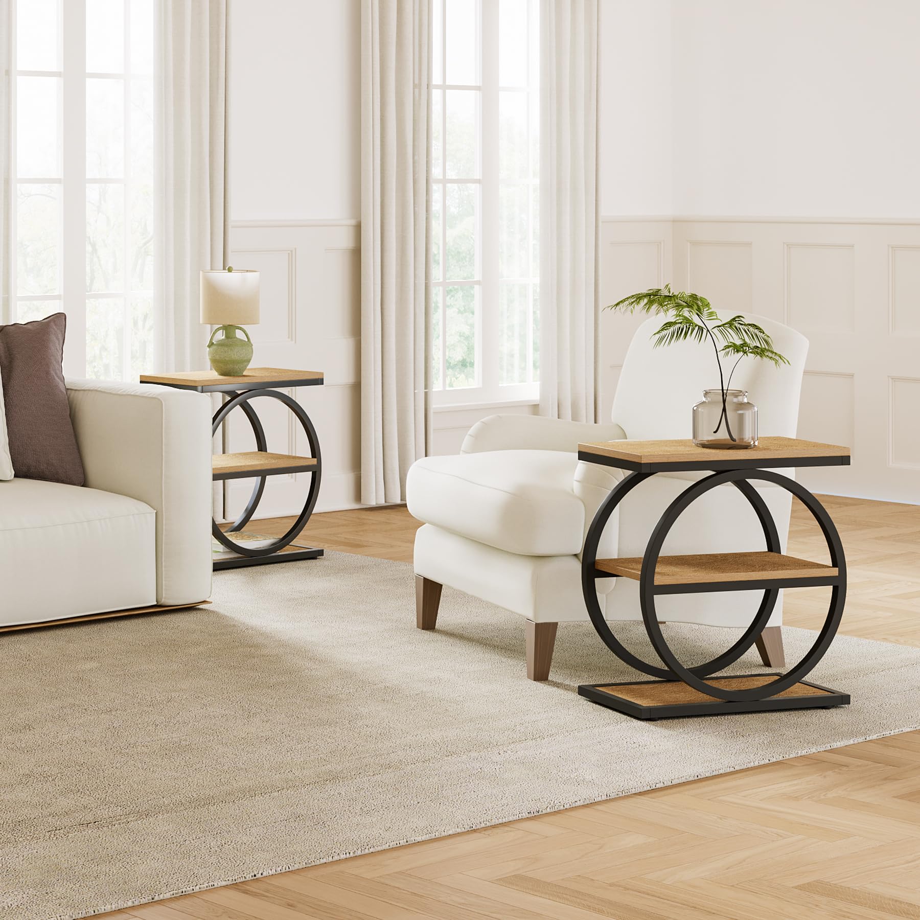End Table Set of 2, Wooden Side Tables with 3-Tier Metal Shelf Storage for Living Room or Bedroom, Oak