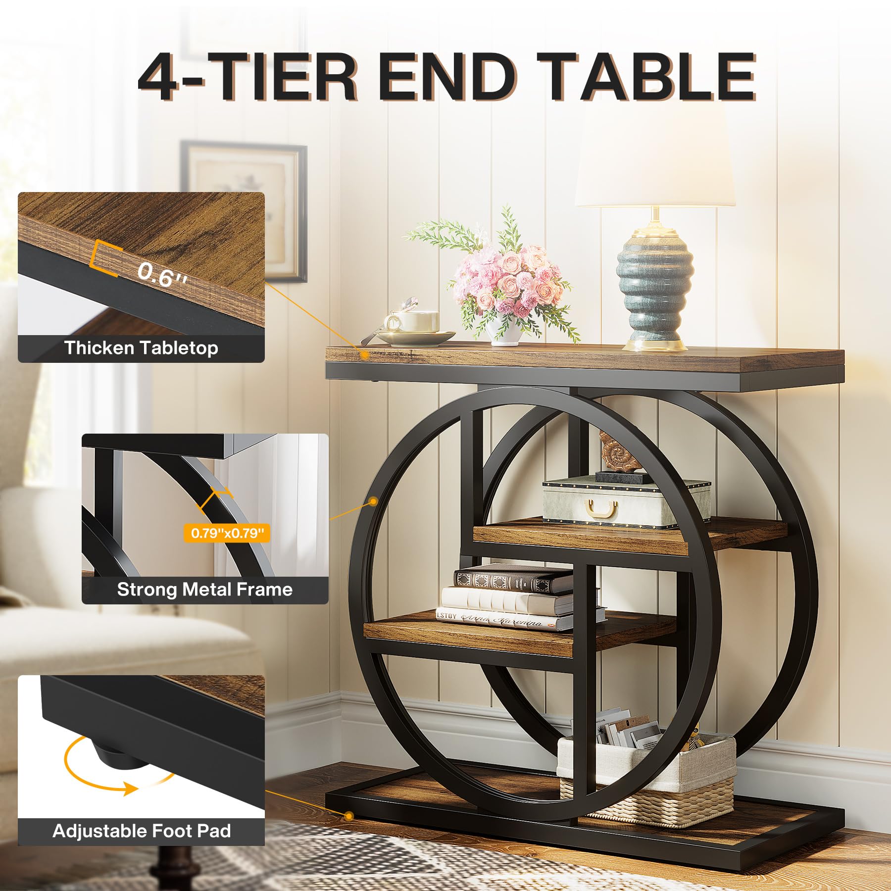 FURNIXI Rustic Brown End Table Set of 2, 4-Tier Narrow Side Tables with Storage & Geometric Metal Frame