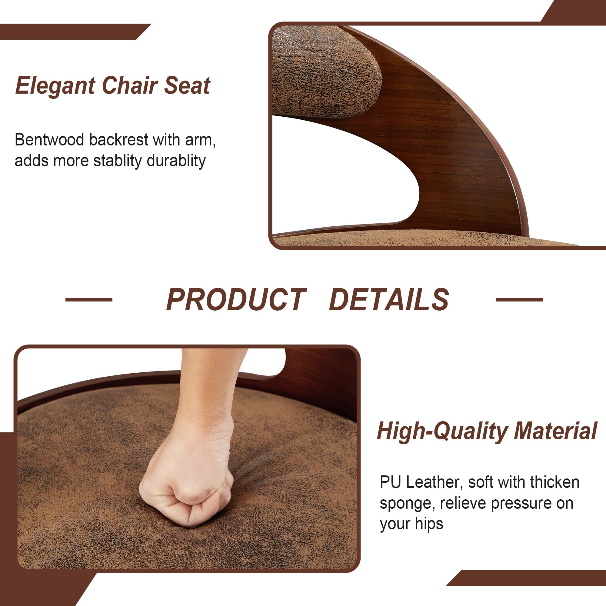 Bar Stool Set of 4, 360° Swivel PU Leather Counter Stools with Bentwood Back, Arm & Footrest, Adjustable Height, Rustic Brown