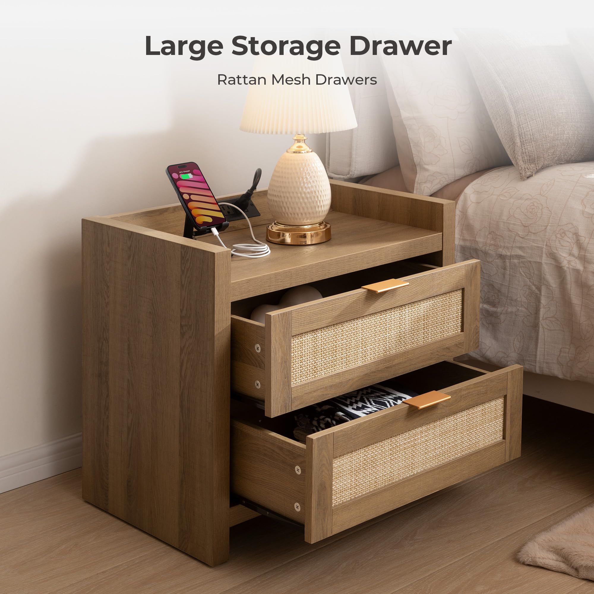 Natural Oak Rattan Nightstand Set of 2, Boho Bedside Tables with Type-C Charging Station & Storage