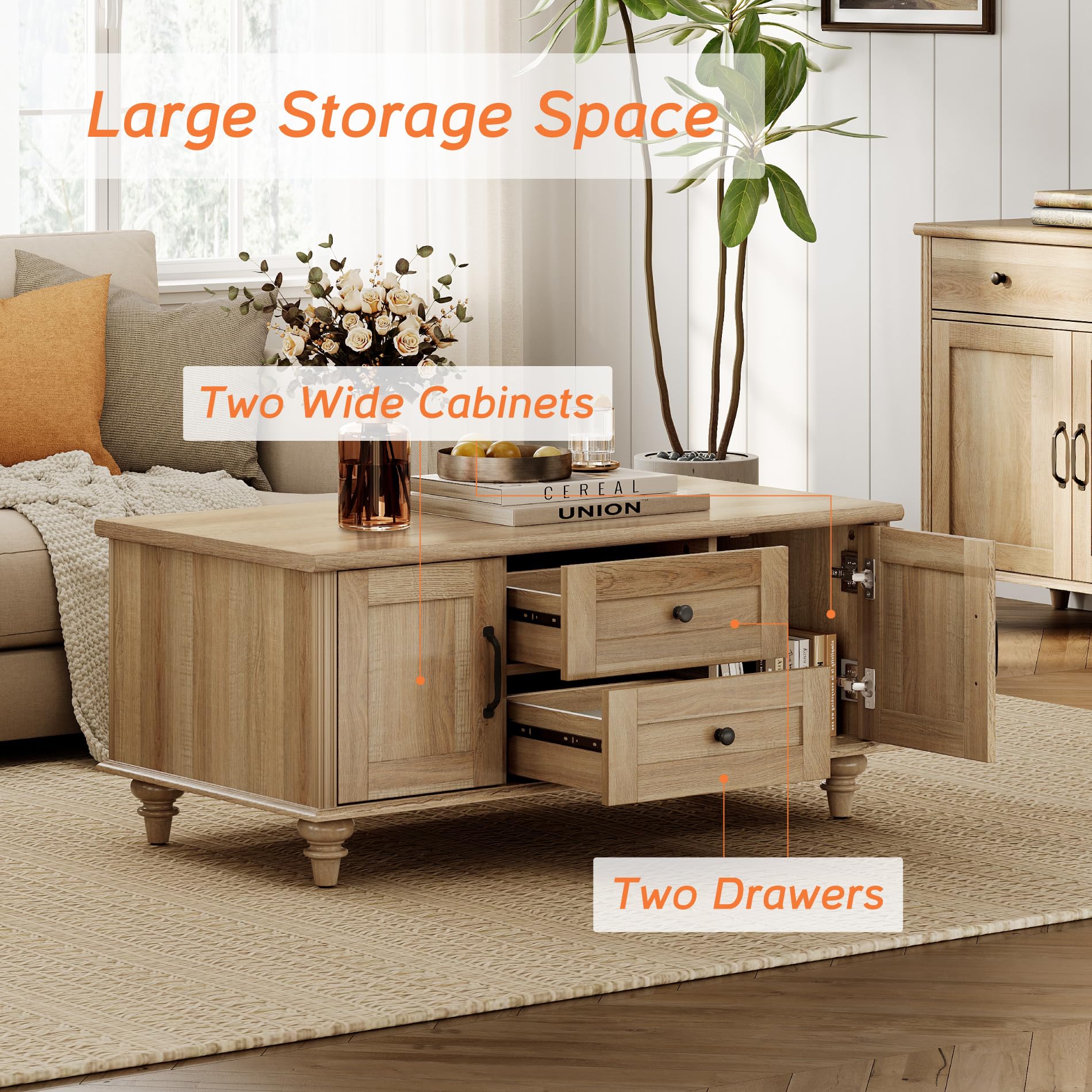 Farmhouse Coffee Table with Storage Cabinet, Rustic Wooden Center Table with Drawers for Living Room, Oak Finish