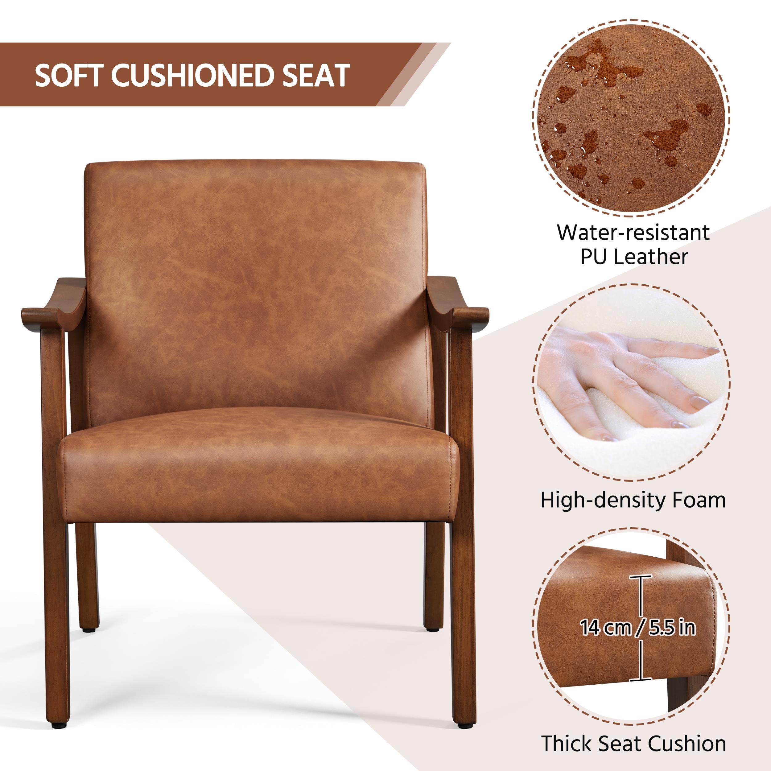 Mid-Century PU Leather Accent Chair, High Back Wood Armchairs for Bedroom, Living Room, Waiting Room, Set of 2