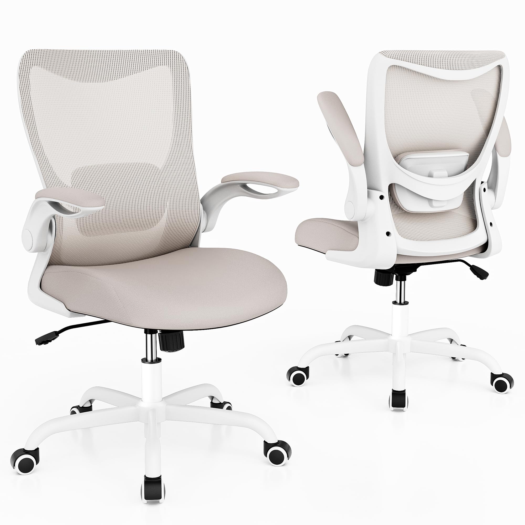 Ergonomic Office Desk Chair with Flip-Up Arms, Adjustable Lumbar, Breathable Mesh Computer Chair, Khaki