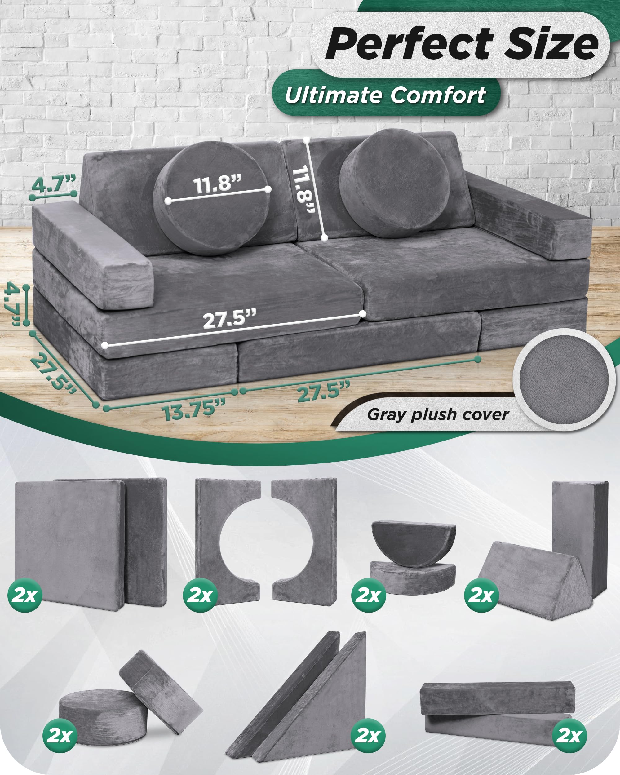 LX15 Modular 14pcs Kids Play Couch, Convertible Foam Sofa Fort for Playroom, Toddler Furniture, Steel Gray