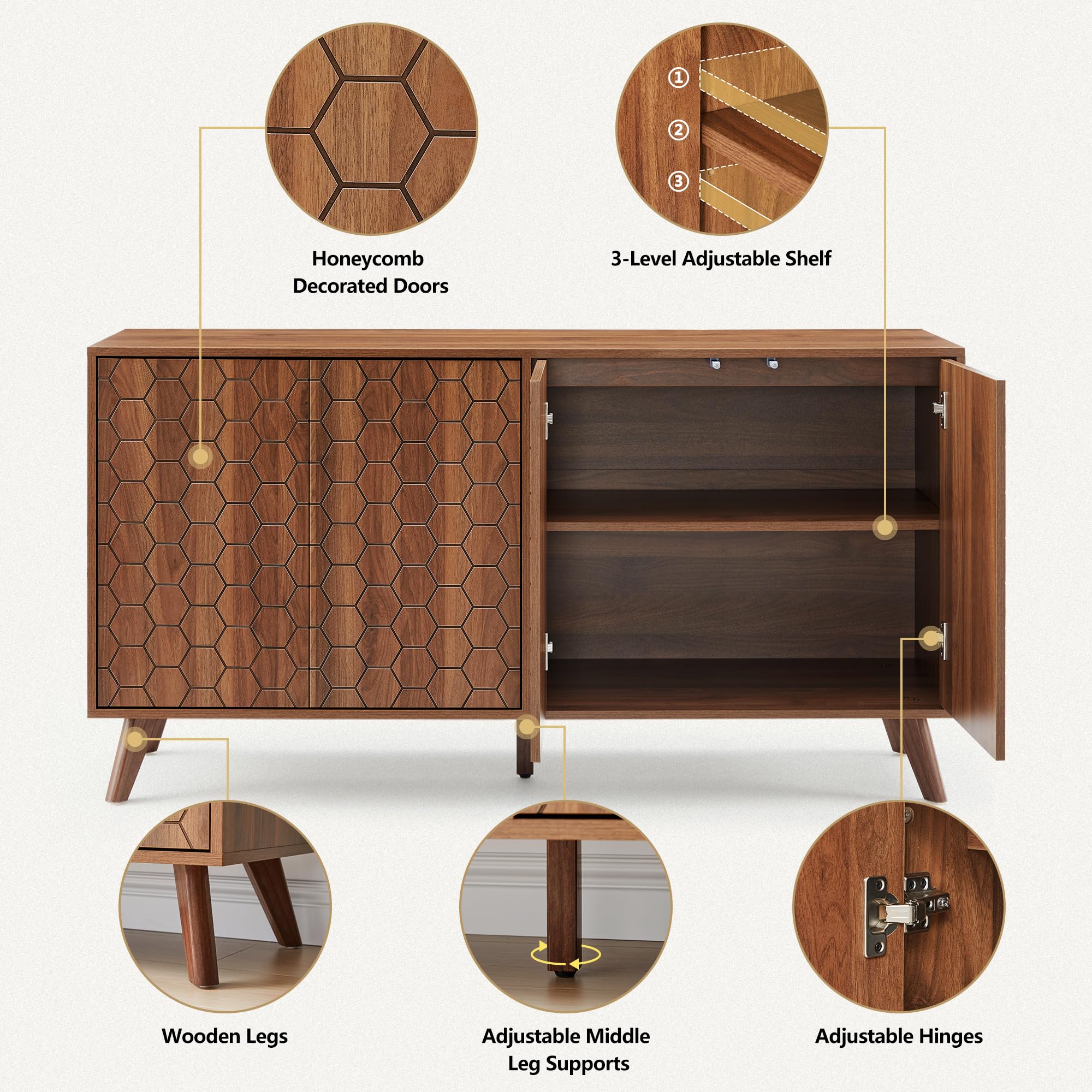 FURNIXI 58'' Large Mid-Century Sideboard Buffet Cabinet, Wooden Credenza with 4 Doors & Shelves, TV Stand Coffee Bar Console
