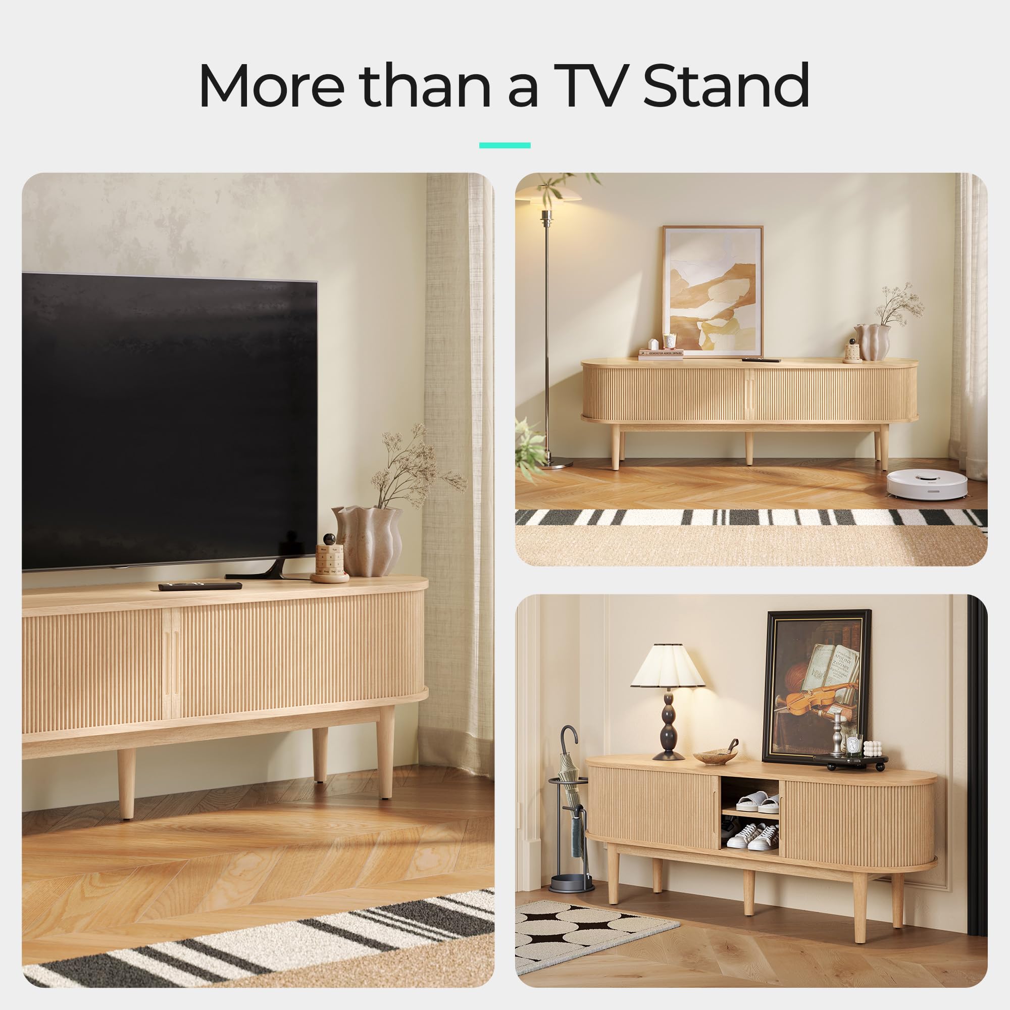 Fluted 70" TV Stand – Mid-Century Modern Entertainment Console with Sliding Tambour Door, Oak Finish