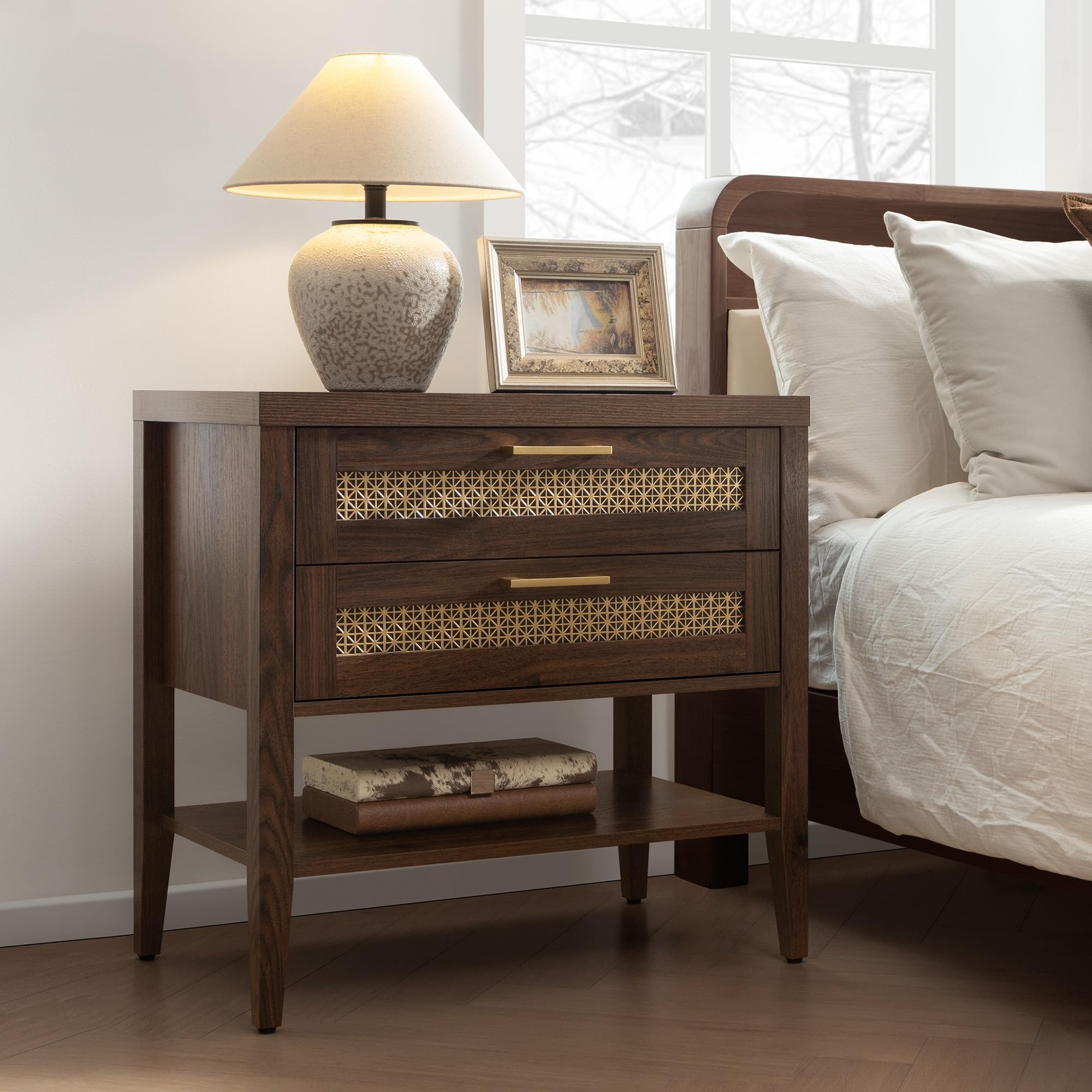Set of 2 Large Nightstands with Drawers & Shelf, 25.7" Tall Mid-Century Bedside Tables for Bedroom, Walnut