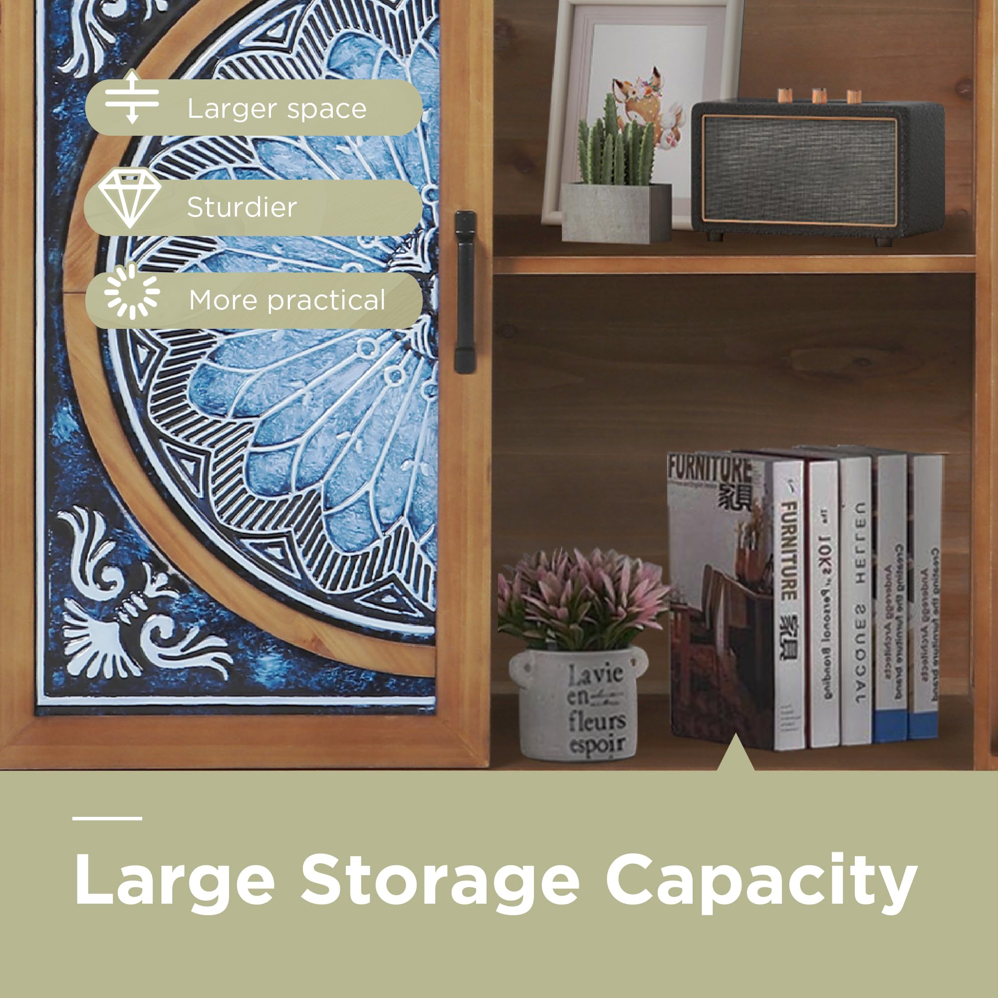 2-Door Distressed Accent Cabinet with Blue & White Porcelain Pattern, Rustic Entryway Storage for Living Room