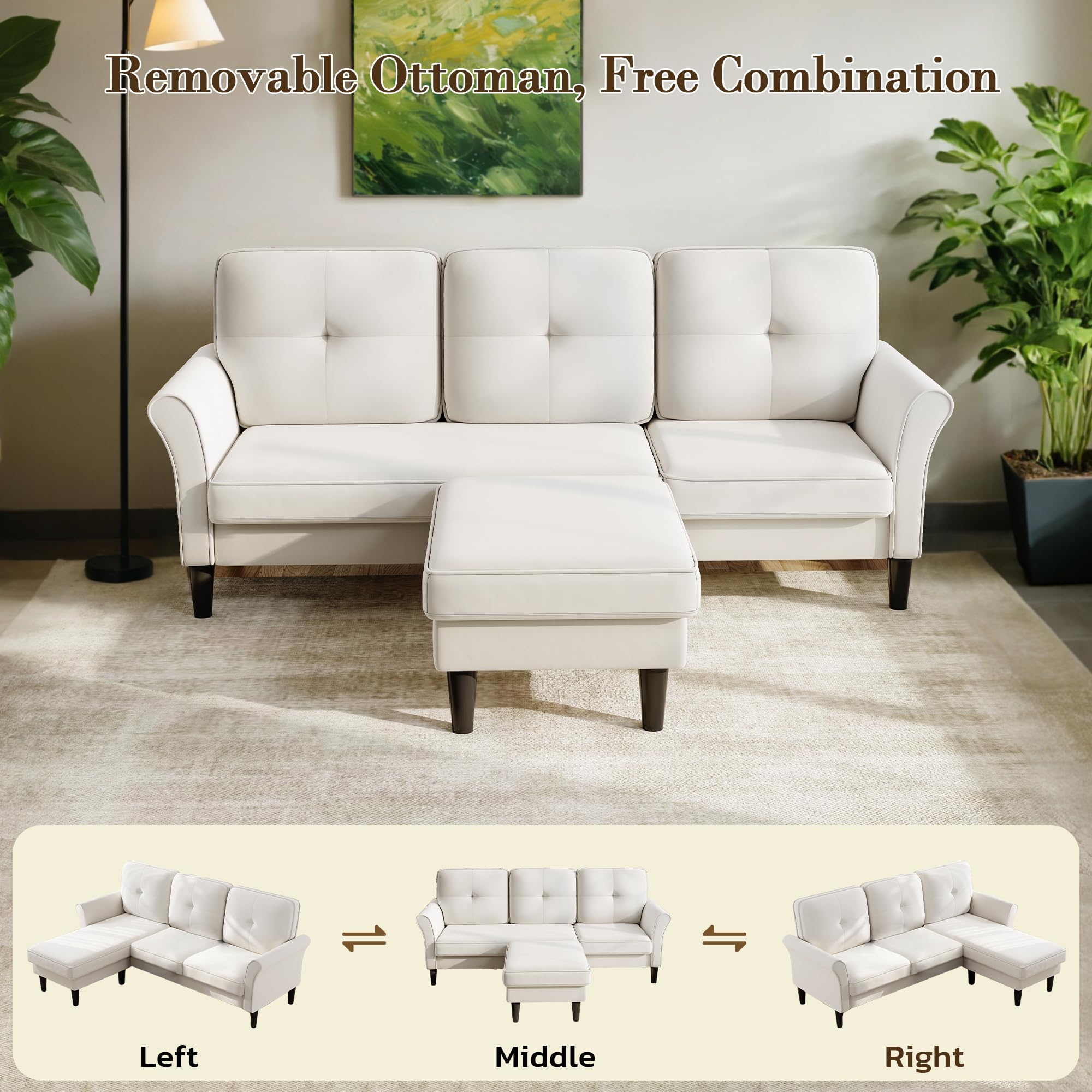 83" Beige Velvet Sectional Couch with Ottoman, L-Shaped 3-Seater Sofa for Living Room, Apartment, Office, Small Spaces
