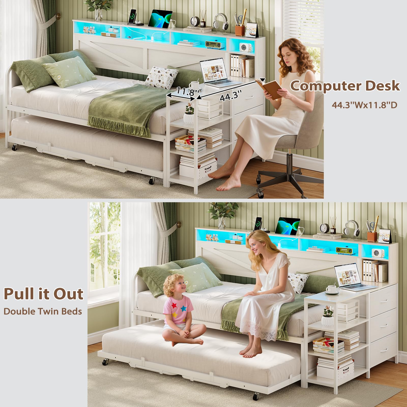 Twin to King Daybed – White Farmhouse Daybed with Trundle, 3 Drawers, Shelves, LED Lights & Charging Station