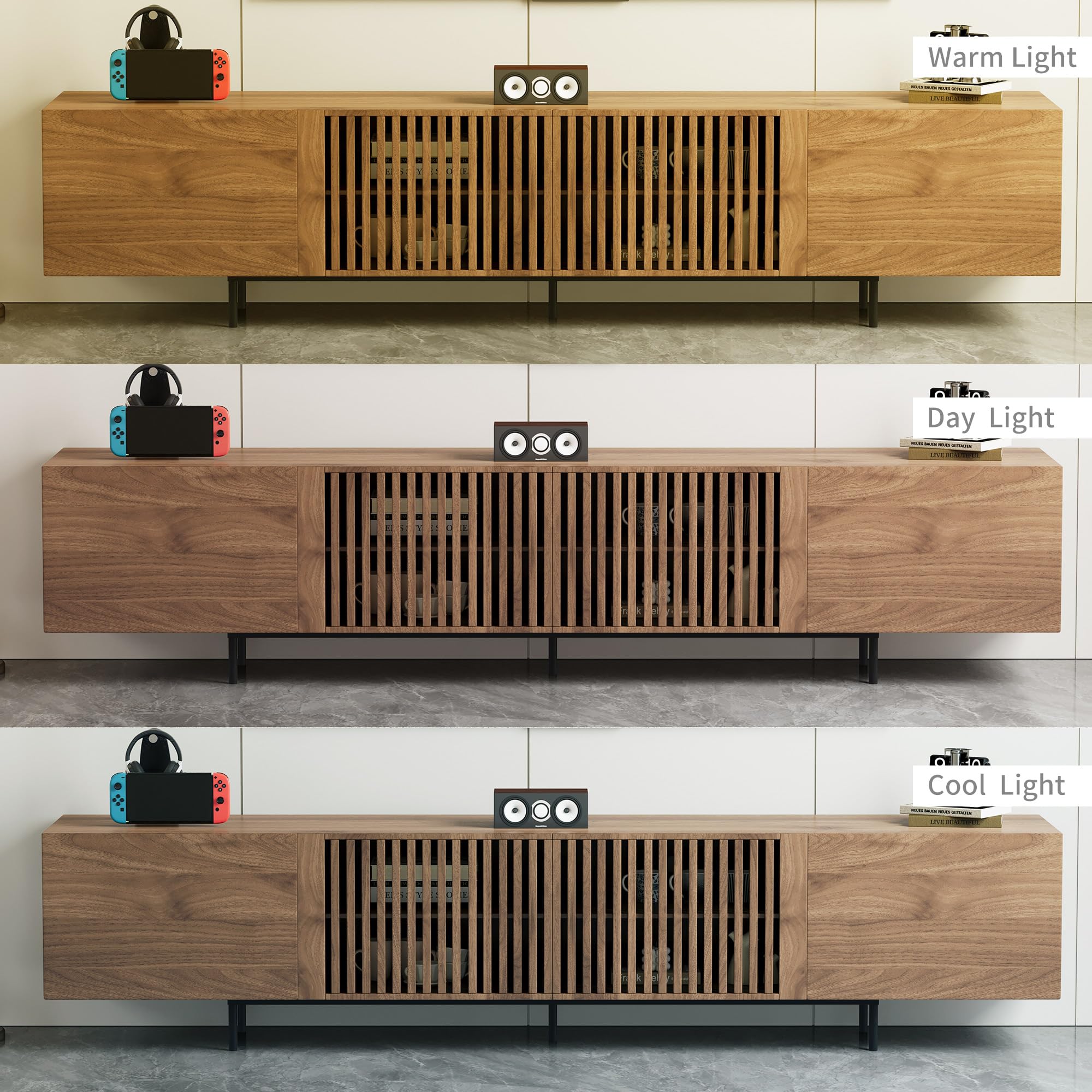 Modern Walnut TV Stand – 70.87” Long Console with Grille Doors & Storage Drawers for Bedroom or Living Room