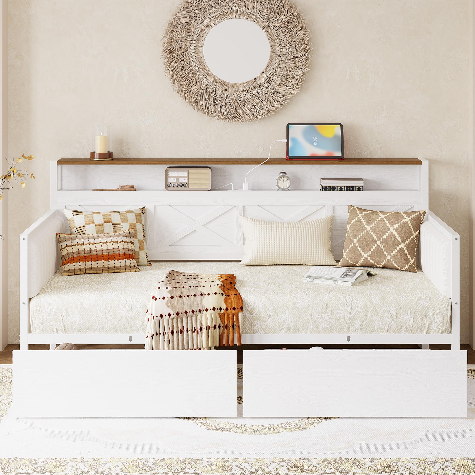 White/Walnut Twin Daybed – Upholstered Daybed with Storage Drawers, Metal Frame, Charging Station, Farmhouse Style
