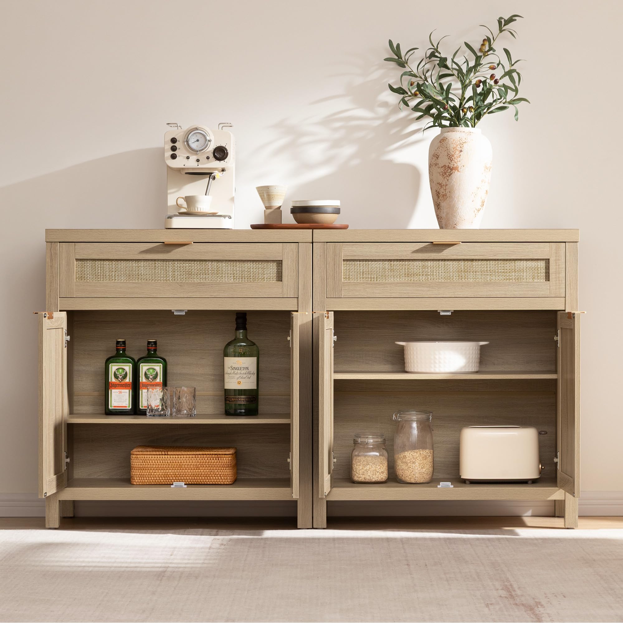 Sideboard Buffet Storage Cabinet Set of 2, Natural Rattan Credenza Console with Drawer & Doors, Coffee Bar for Living Room