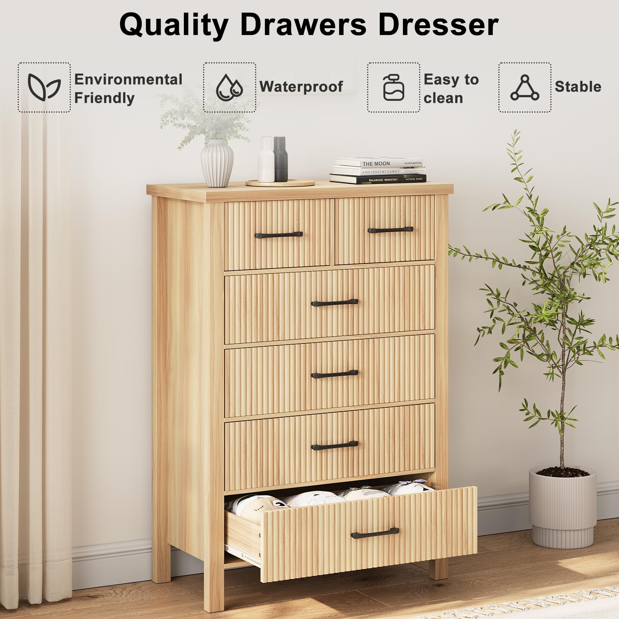 Fluted 6 Drawer Boho Dresser, Tall Wooden Chest for Bedroom Storage with Metal Handles, Natural Oak Finish