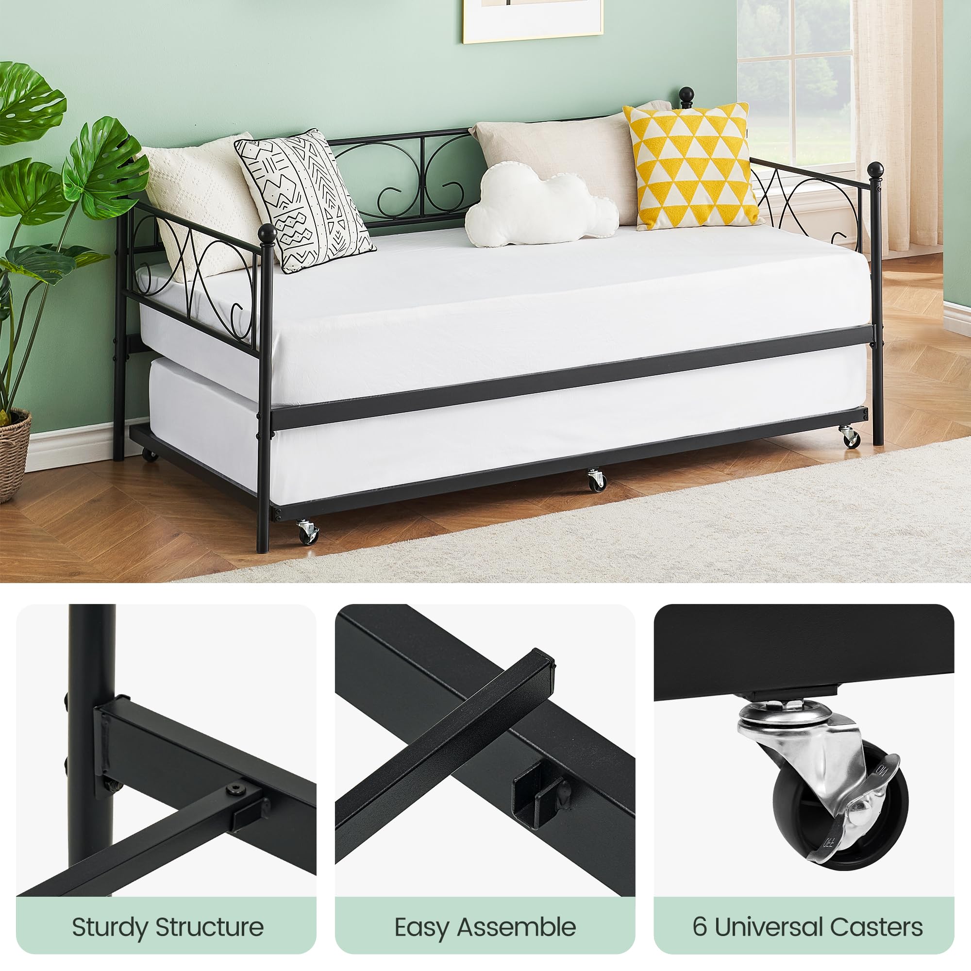 Twin Daybed with Trundle – Black Metal Frame Sofa Bed with Heavy Duty Slats for Living Room or Guest Room