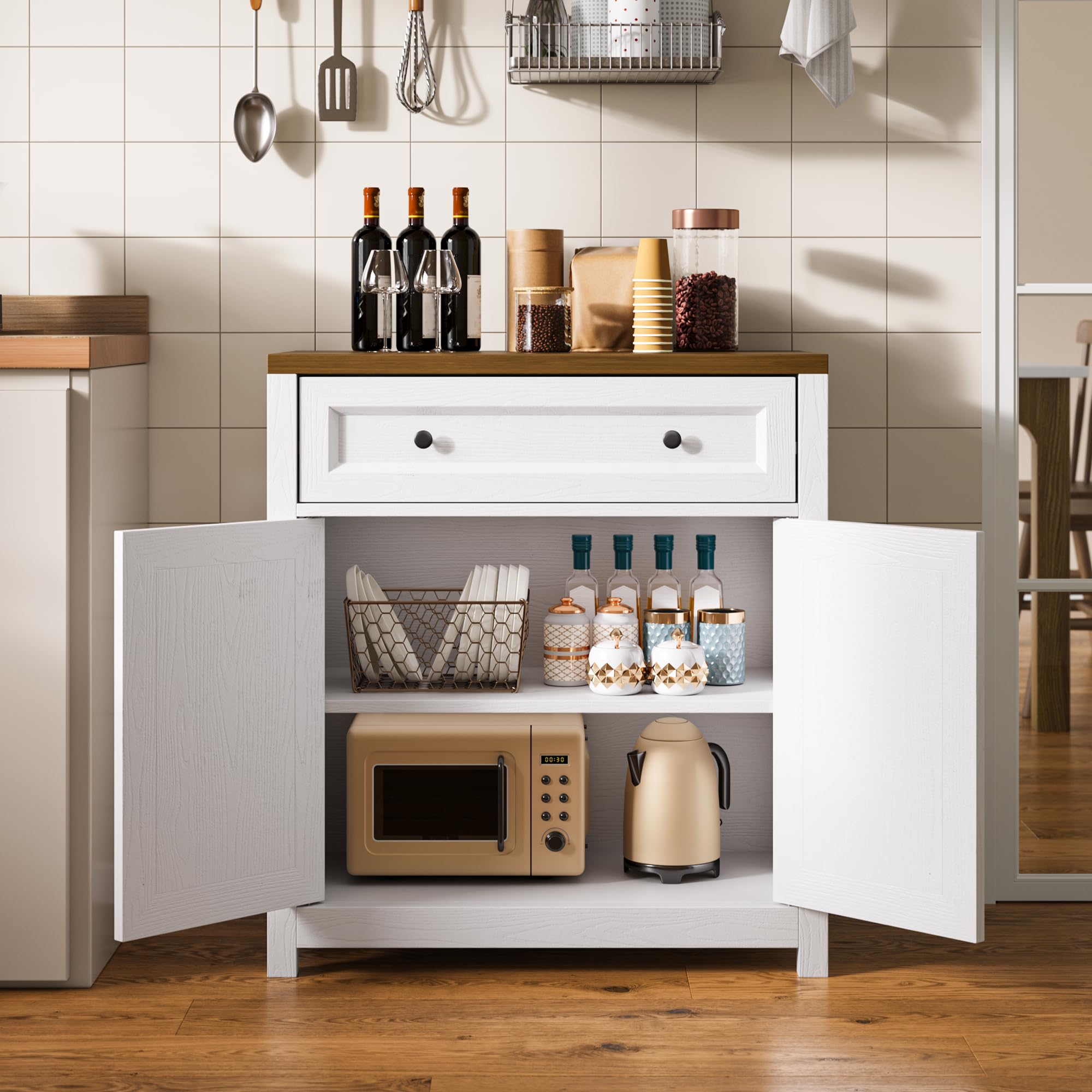 Kitchen Storage Cabinet with Adjustable Shelf, Farmhouse Coffee Bar with Drawer & Barn Door, 30" Wide, Freestanding Design