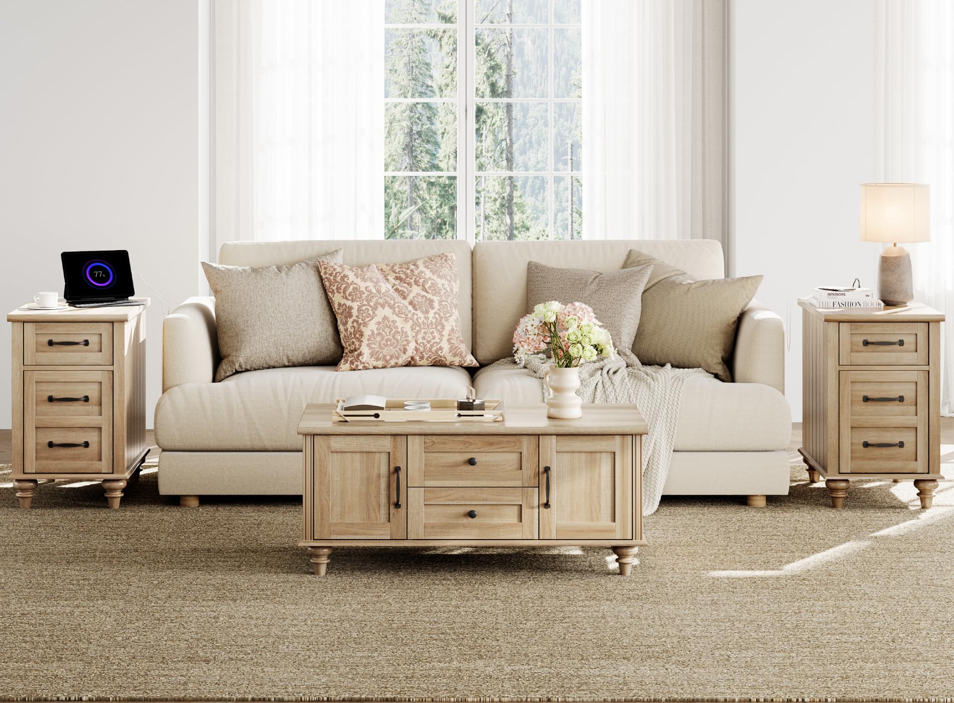 Farmhouse Coffee Table with Storage Cabinet, Rustic Wooden Center Table with Drawers for Living Room, Oak Finish
