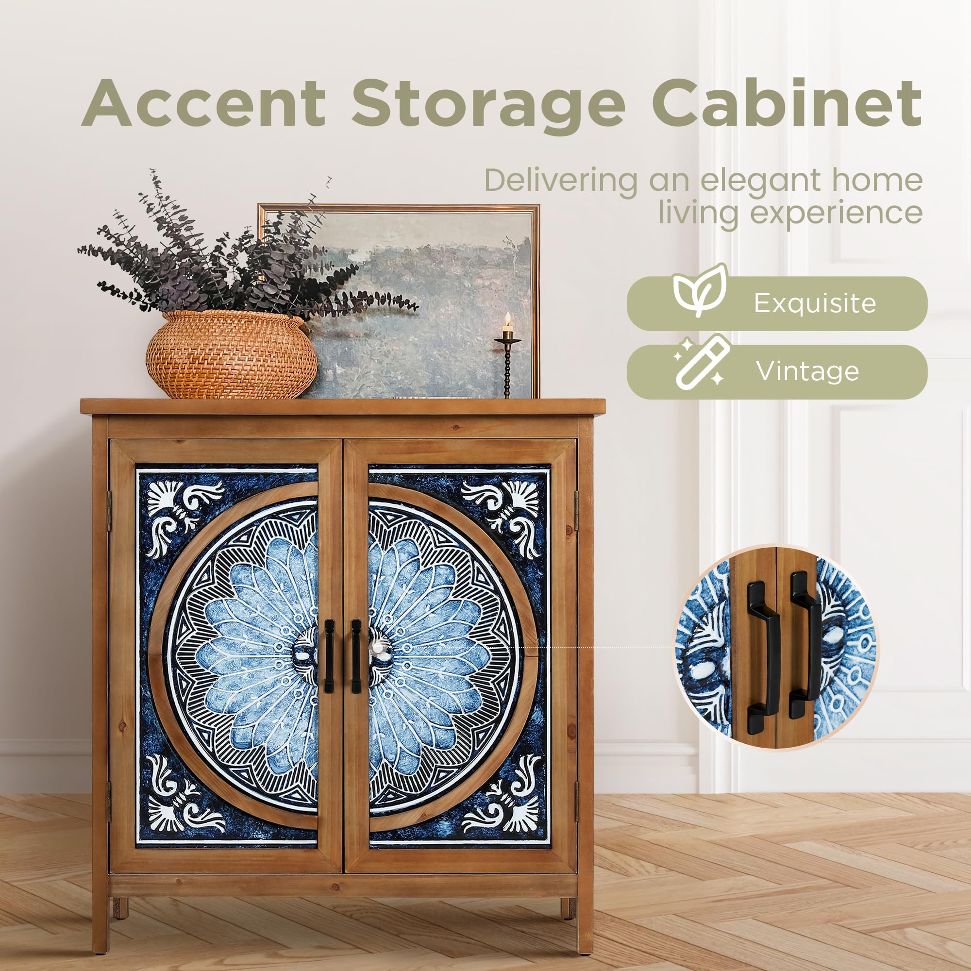 2-Door Distressed Accent Cabinet with Blue & White Porcelain Pattern, Rustic Entryway Storage for Living Room