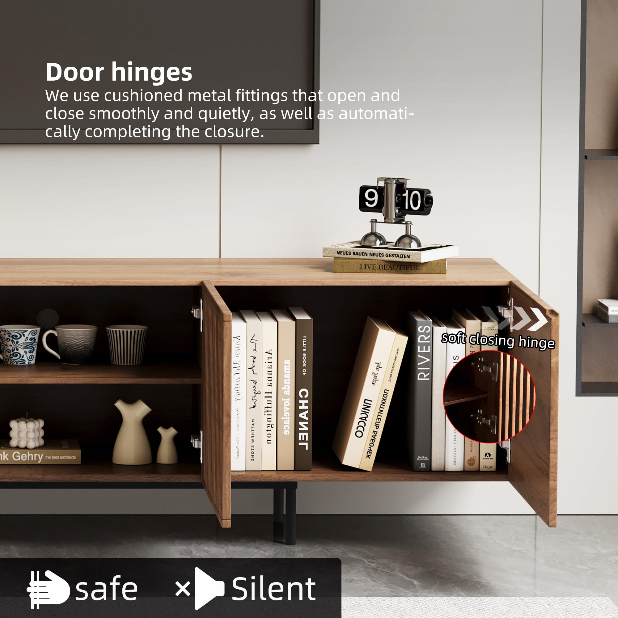 Modern Walnut TV Stand – 70.87” Long Console with Grille Doors & Storage Drawers for Bedroom or Living Room