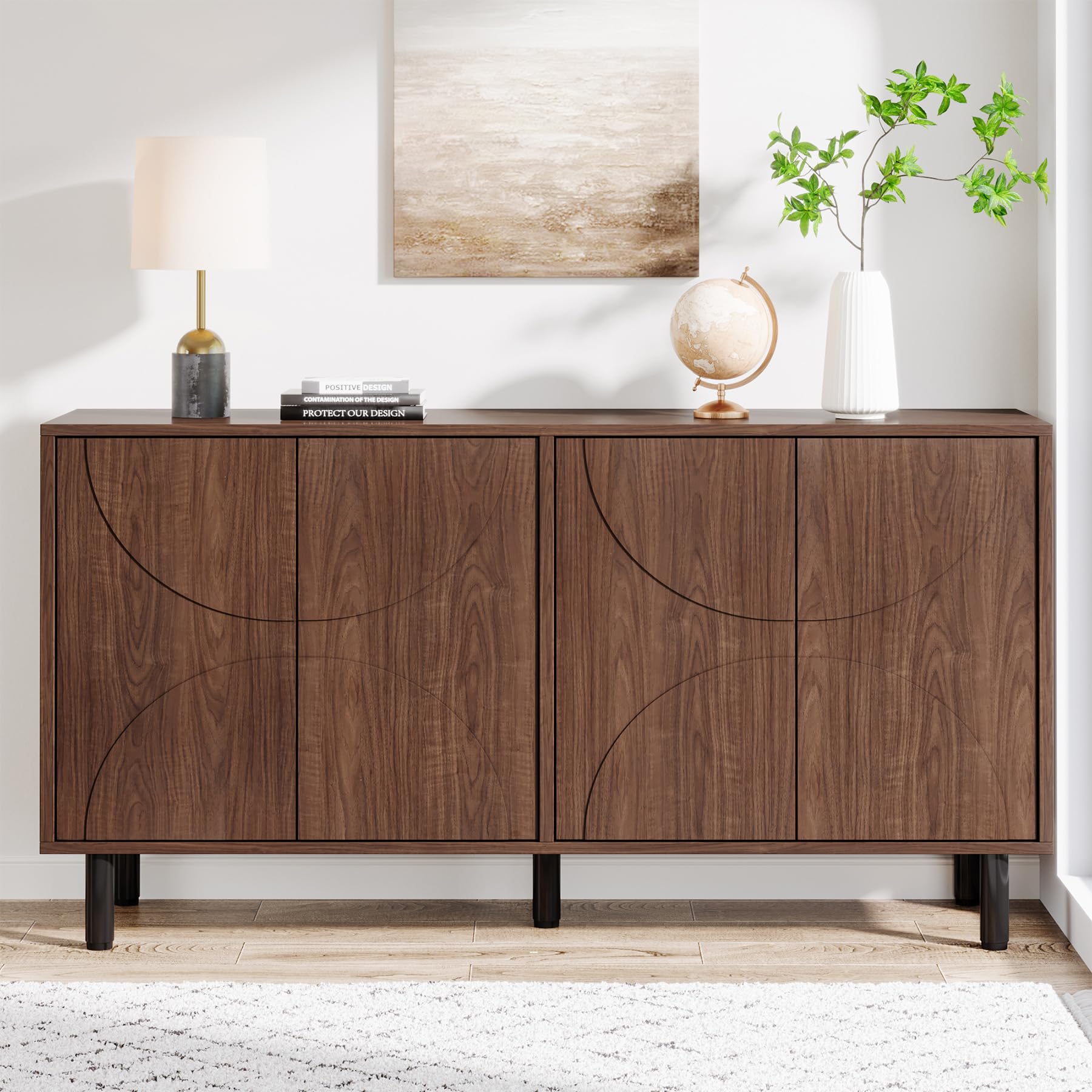 Sideboard Buffet Cabinet with Storage, 55" Mid-Century Credenza Cabinet with 4 Doors & Adjustable Shelves for Kitchen