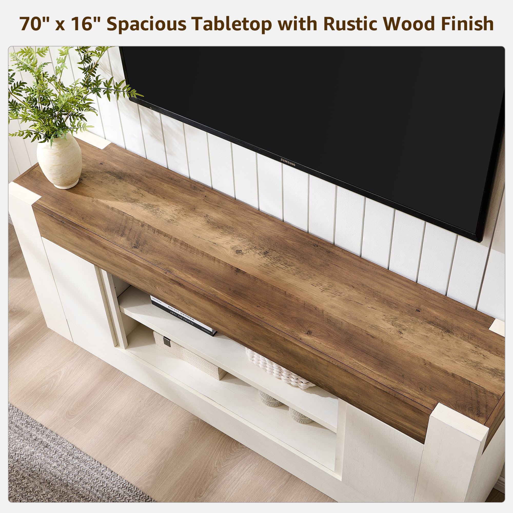 70" Modern Entertainment Console – Antique White TV Stand with Open Storage & Cabinets for Living Room or Bedroom
