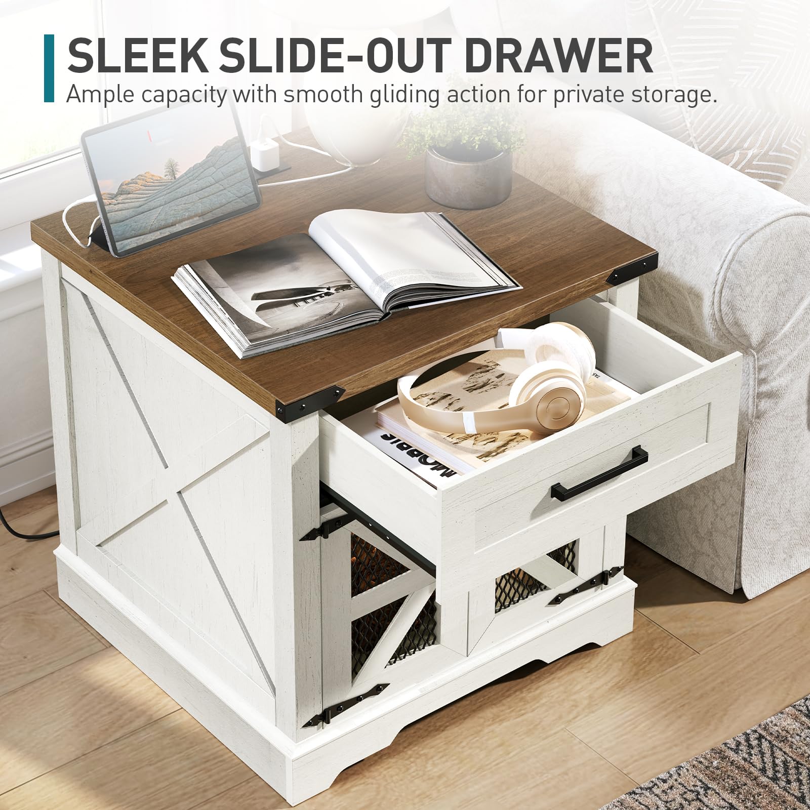 White Farmhouse End Table Set of 2, Large Square Sofa Side Table with Drawer & Charging Station