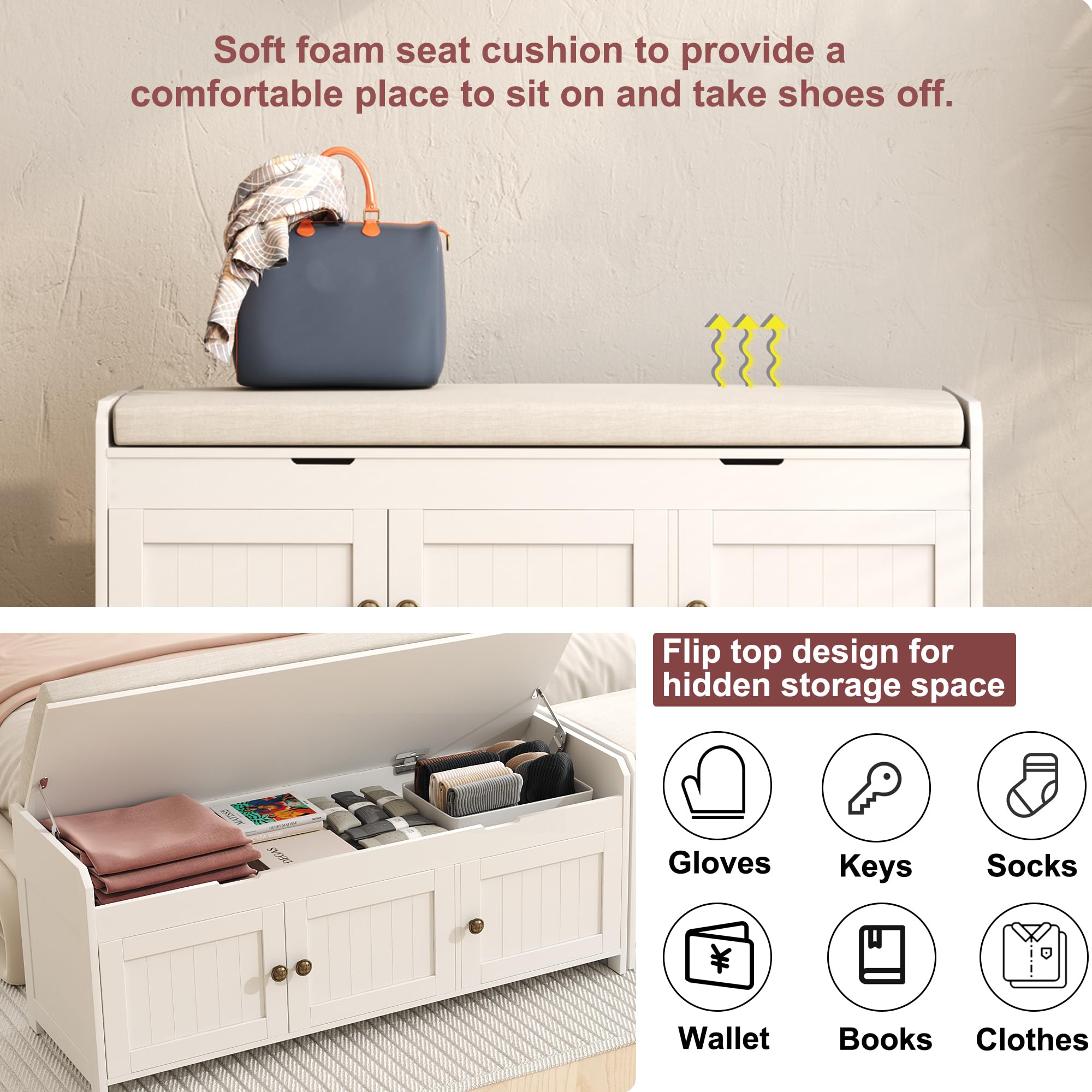 41.3" Entryway Shoe Bench with Cushioned Lift-Top Storage, Wooden Bed Bench Cabinet, White Finish
