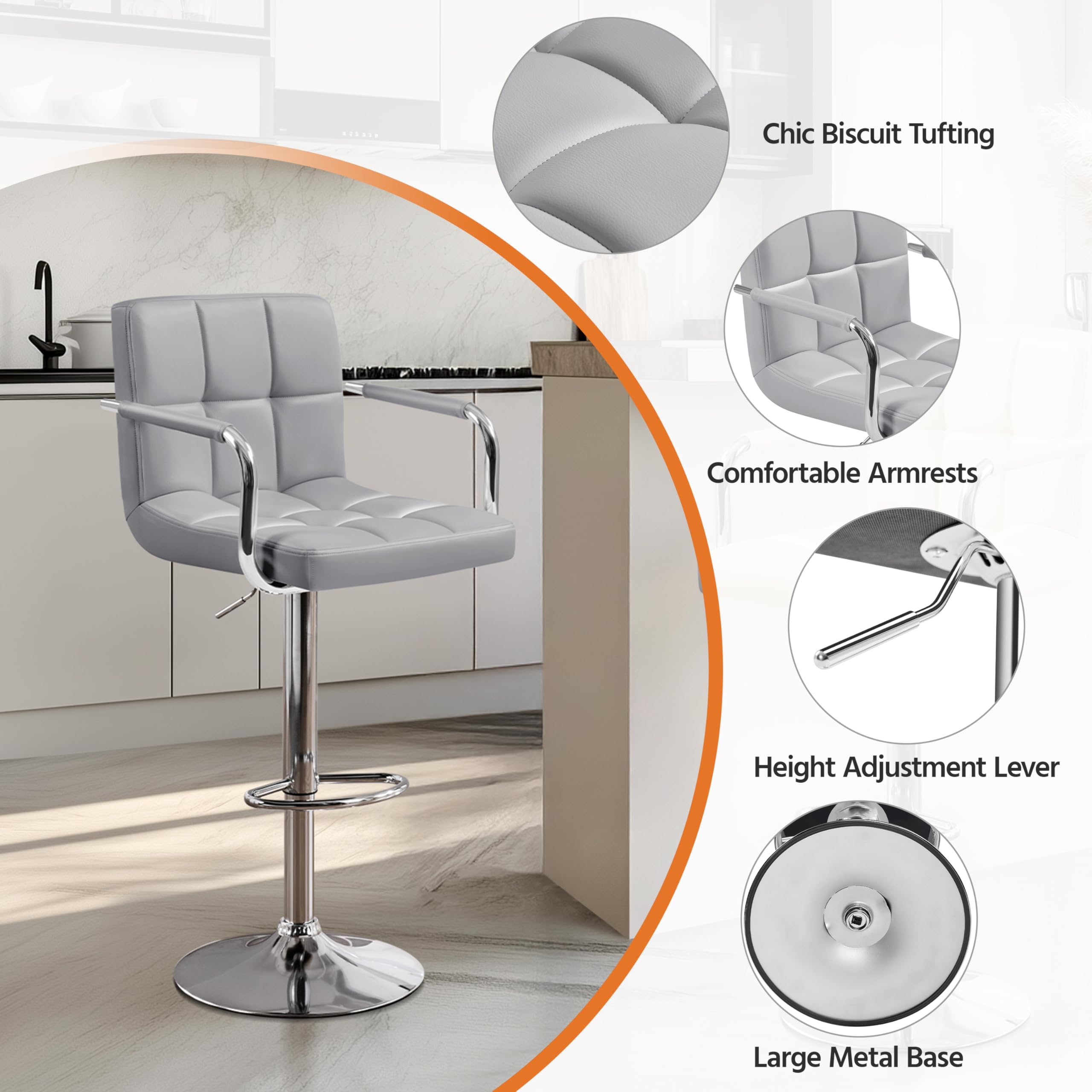 Bar Stools Set of 2, PU Leather Adjustable Swivel Bar Chairs with Back & Armrest, Counter Height Stools for Kitchen, Light Grey