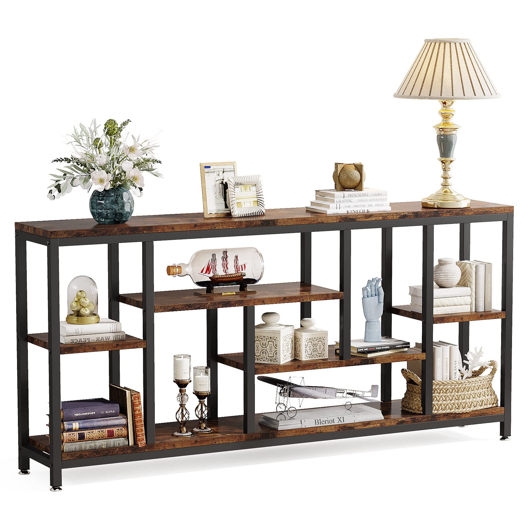 70.9" Industrial Console Table, 3-Tier Extra Long Sofa Table with Storage for Hallway, Living Room, Rustic Brown