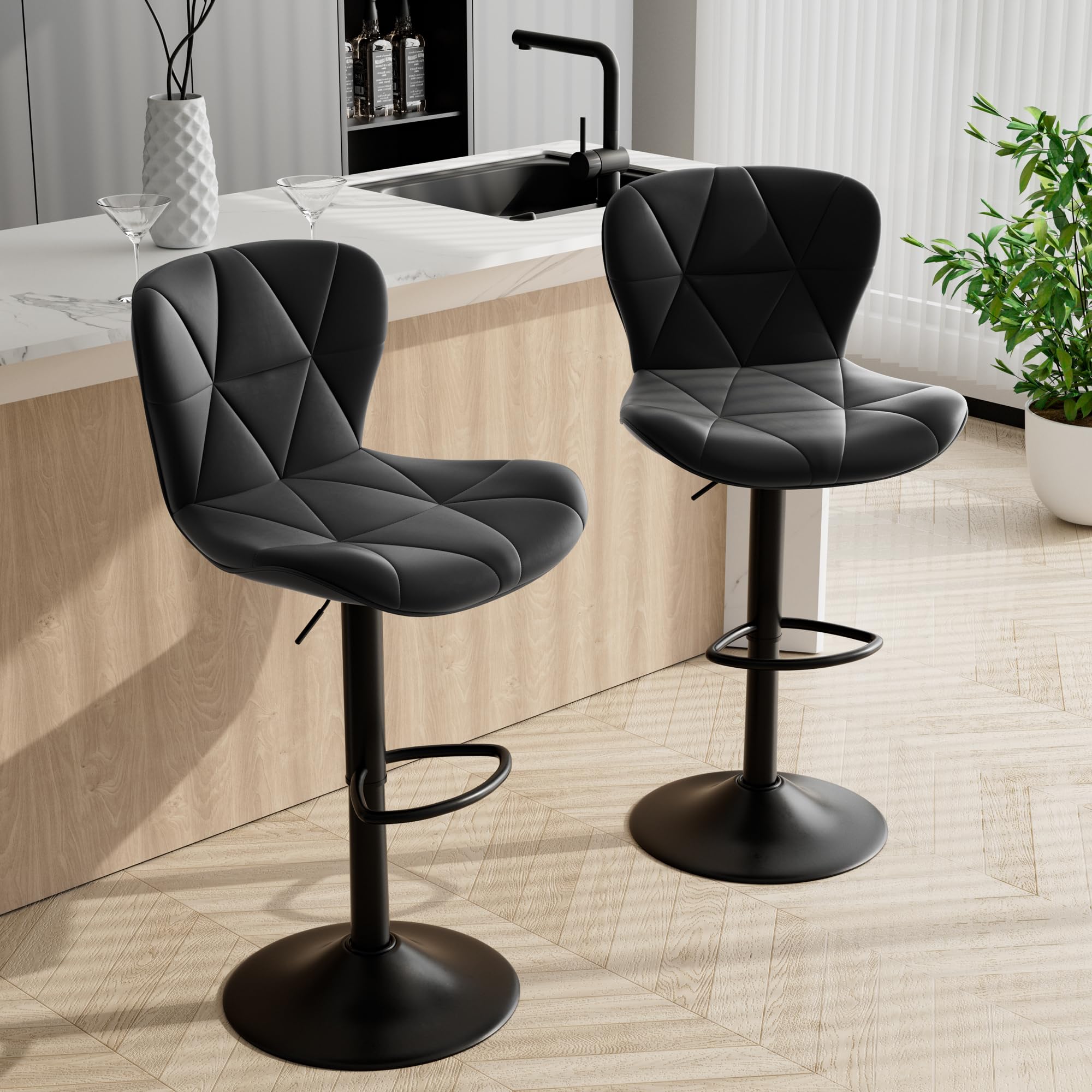 Bar Stools Set of 2, Adjustable Faux Leather Swivel Bar Chairs with High Backrest, Upholstered Counter Seats for Kitchen, Black