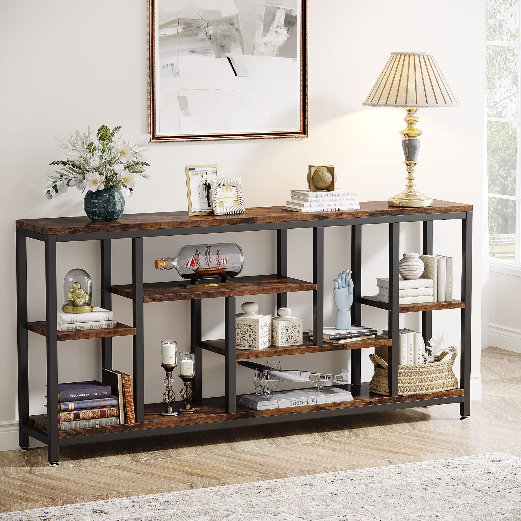 70.9" Industrial Console Table, 3-Tier Extra Long Sofa Table with Storage for Hallway, Living Room, Rustic Brown