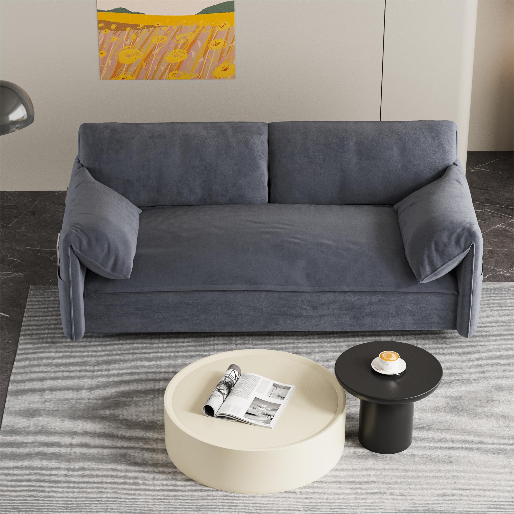 66" Velvet Sleeper Sofa Bed with Comfy Armrest & Side Pockets, Pull-Out Couch Chaise Lounge for RV, Grey