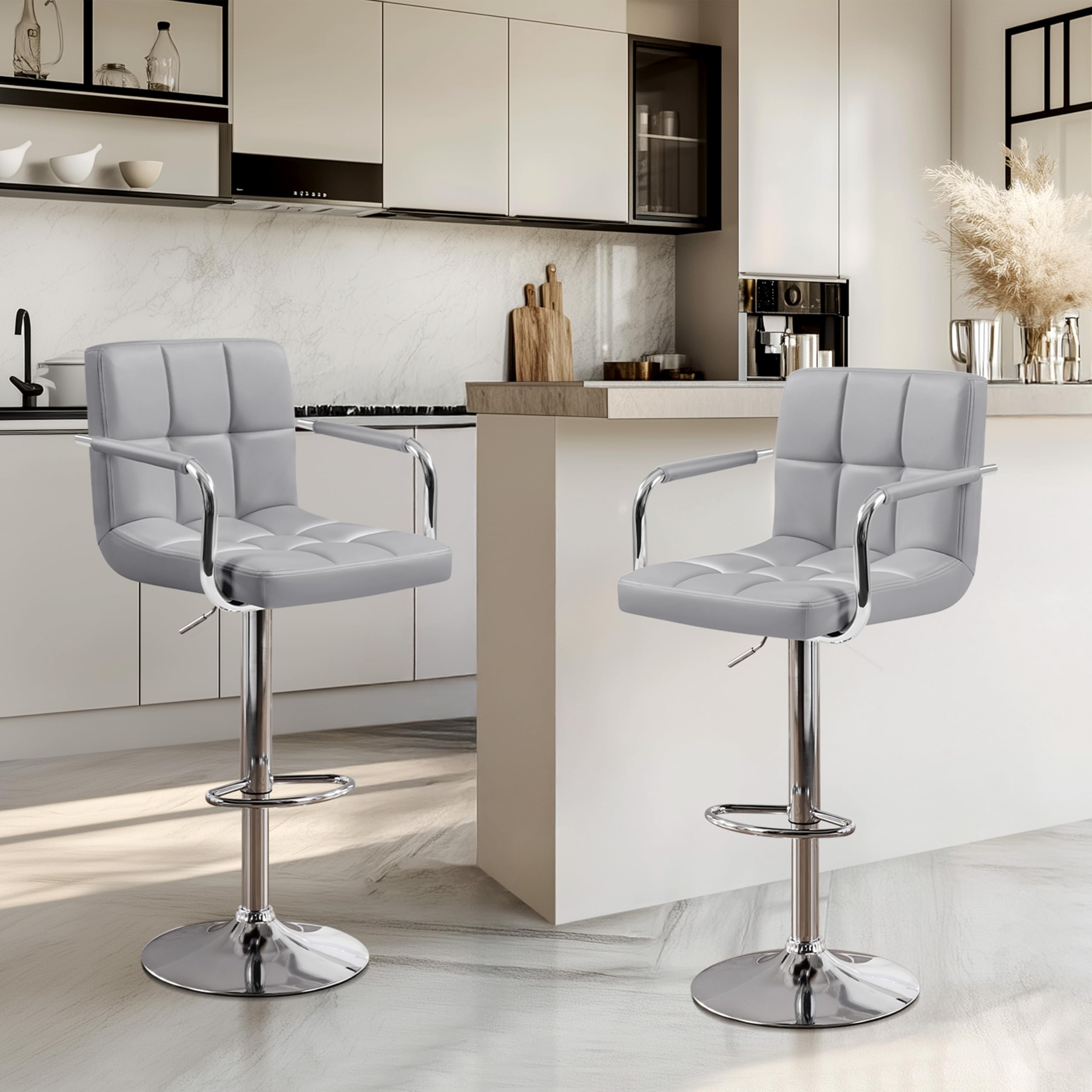 Bar Stools Set of 2, PU Leather Adjustable Swivel Bar Chairs with Back & Armrest, Counter Height Stools for Kitchen, Light Grey