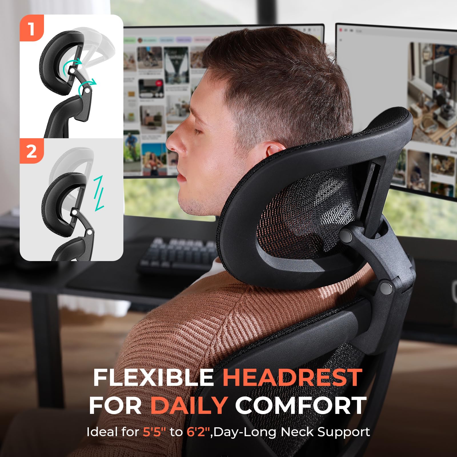 400lbs Ergonomic Mesh Office Chair, 4D Arms, 3D Headrest, Tilt Backrest & PU Wheels, Swivel Desk Chair, Black