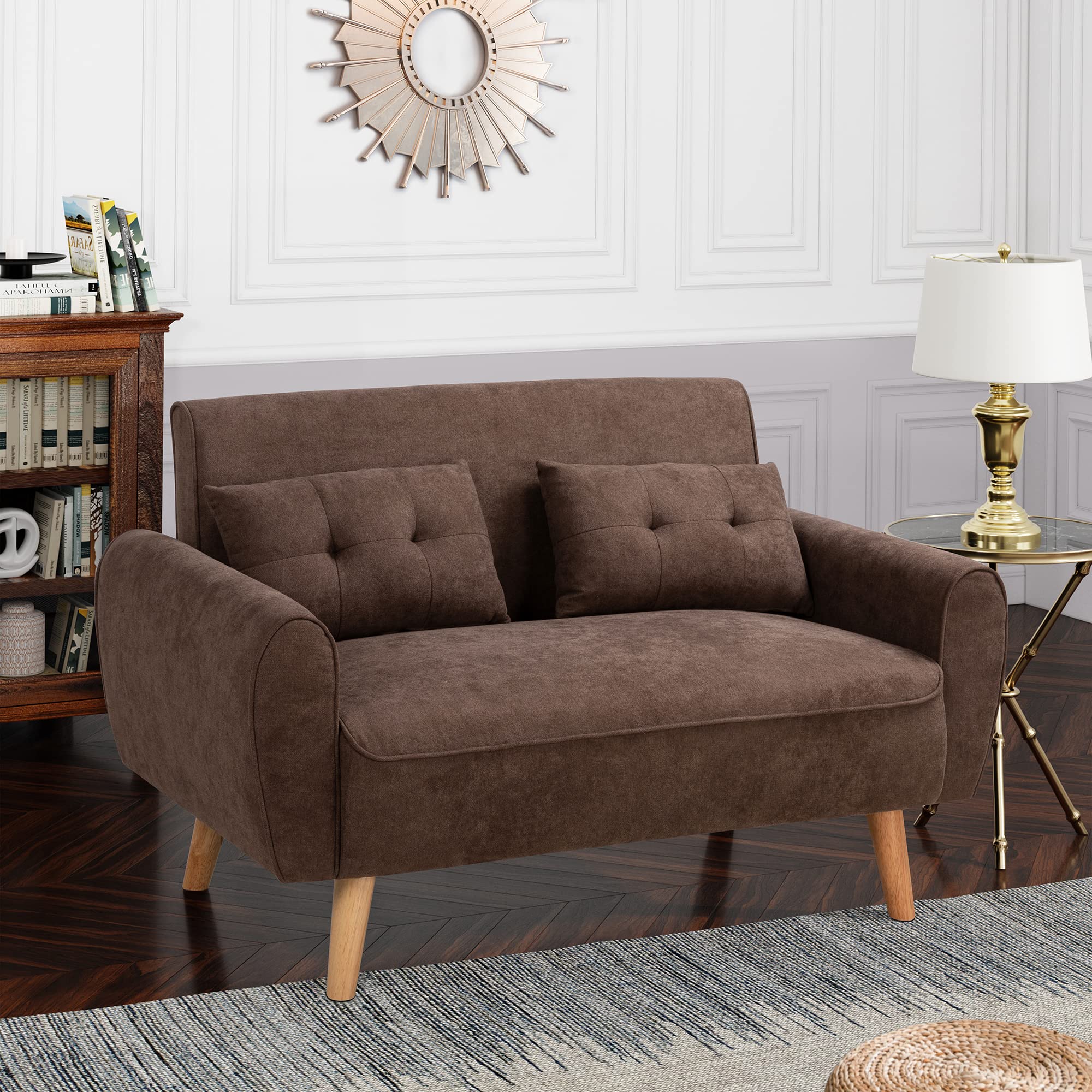 Small Modern Loveseat – Brown Mid-Century Fabric Couch with 2 Pillows for Living Room, Apartment or Studio