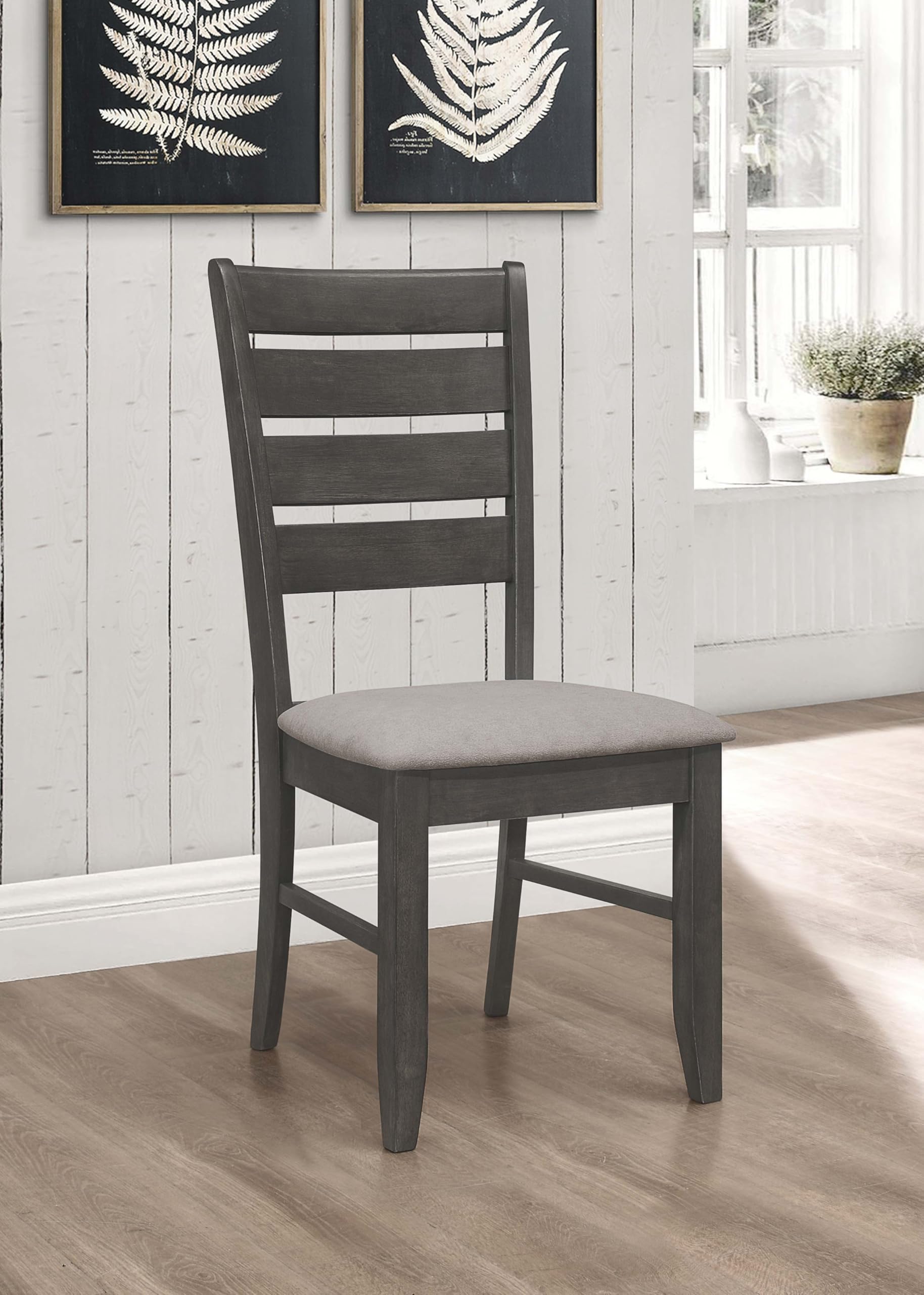 Set of 2 Transitional Style Wood Dining Side Chairs, Ladder Back with Padded Fabric Seats, Dark Grey