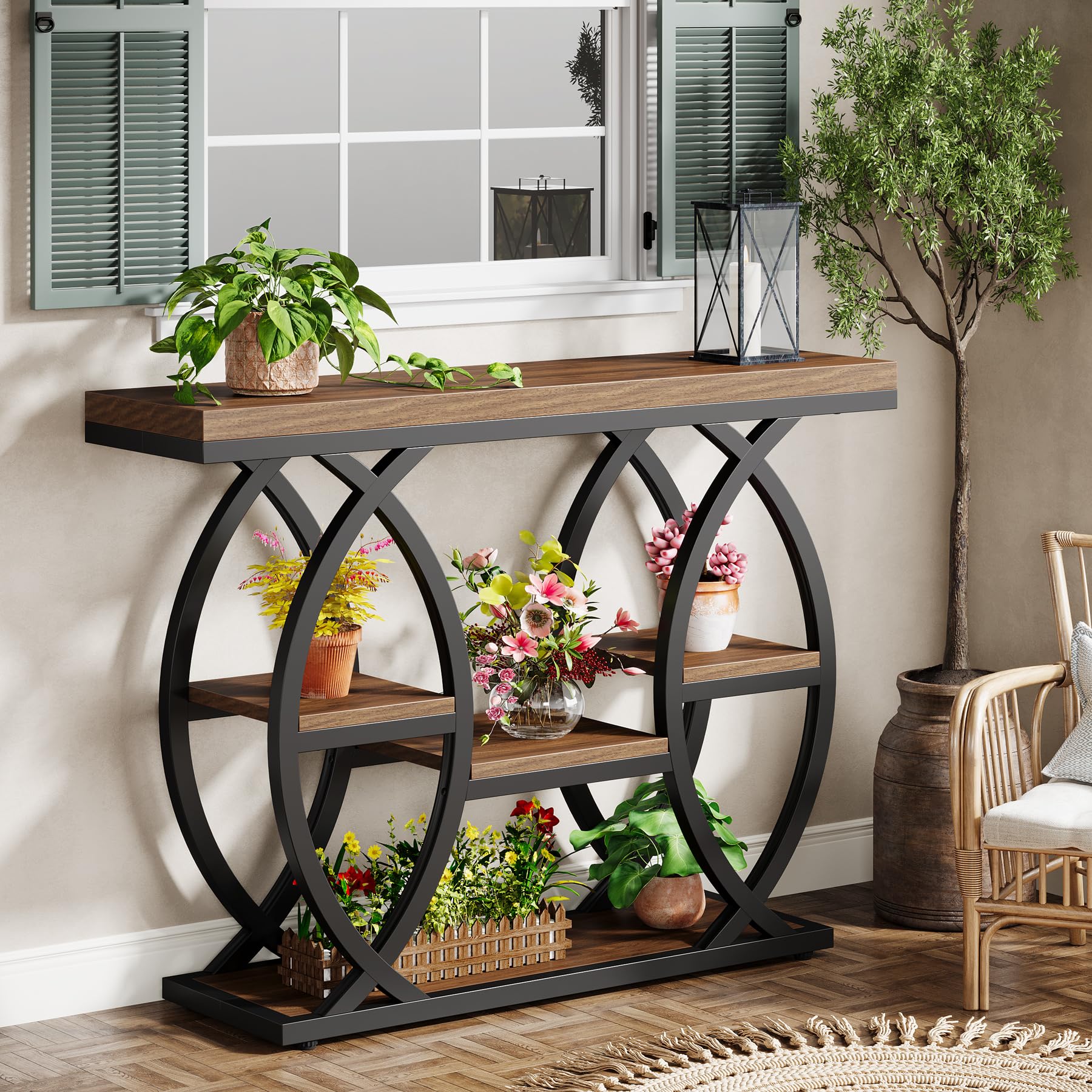 39.4" Industrial Console Table, 4-Tier Narrow Sofa Entry Table with Storage Shelves, Wood & Metal Accent for Small Spaces