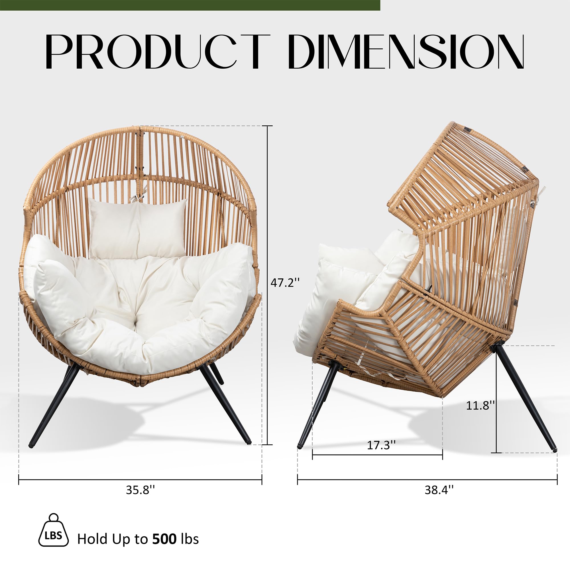 Oversized Wicker Egg Chair – Beige Patio Lounger with Cushion for Indoor Living Room, Balcony or Outdoor Spaces