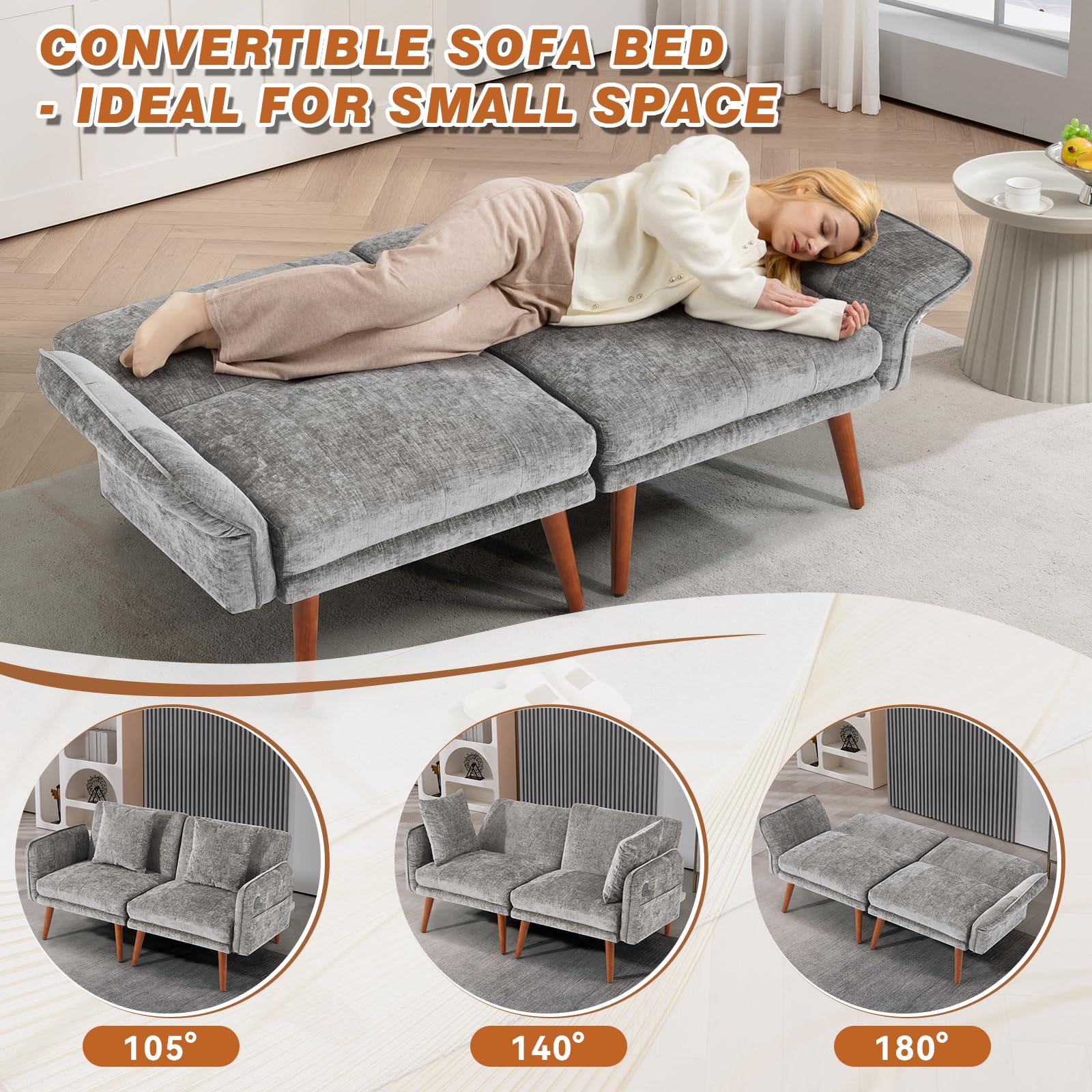 60.2" Modern Loveseat Sofa – Grey Chenille Upholstered 2-Seater Couch for Bedroom, Office or Living Room