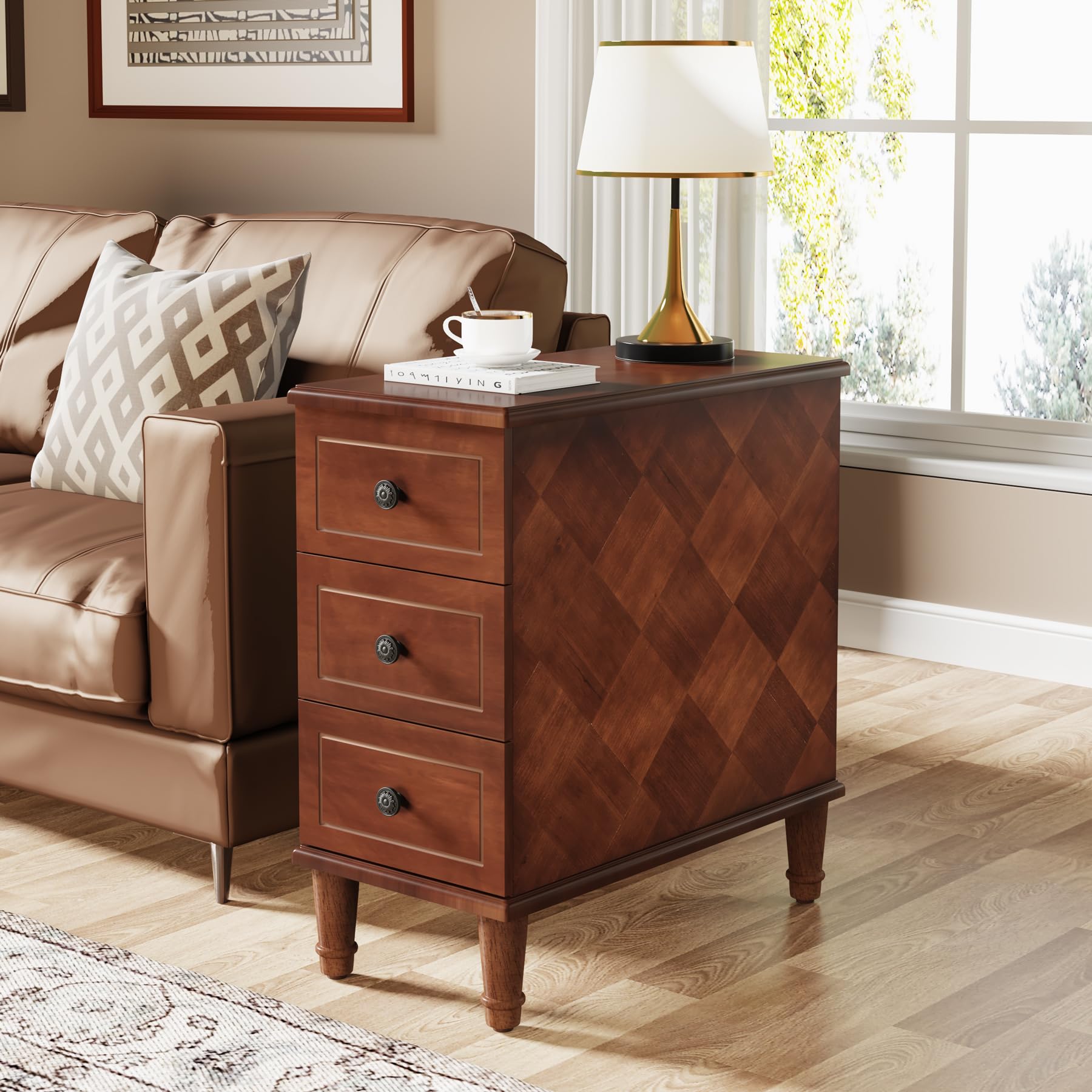 Solid Wood Narrow End Table with Drawers, Pre-Assembled Slim Side Table for Small Living Spaces