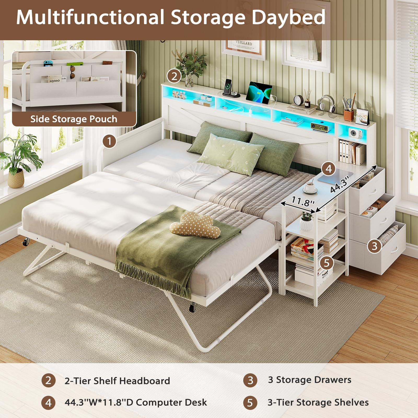Twin to King Daybed – White Farmhouse Daybed with Trundle, 3 Drawers, Shelves, LED Lights & Charging Station