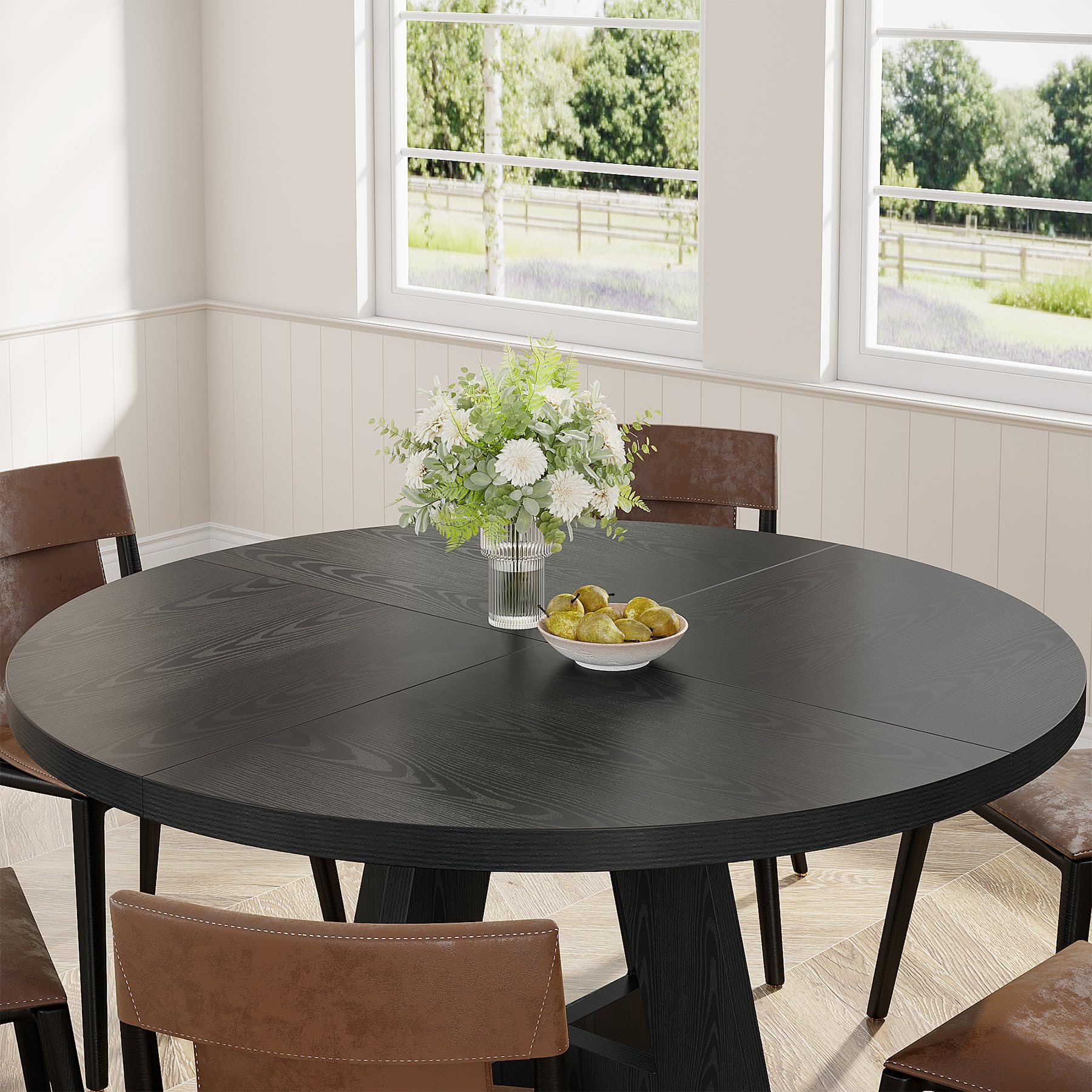 47" Round Wood Dining Table, Farmhouse Pedestal Table for 4, Black Base Kitchen Table for Dining Room