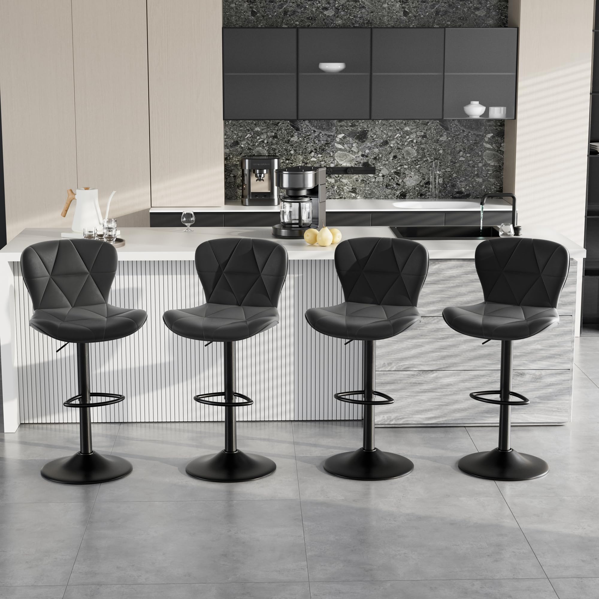 Bar Stools Set of 2, Adjustable Faux Leather Swivel Bar Chairs with High Backrest, Upholstered Counter Seats for Kitchen, Black