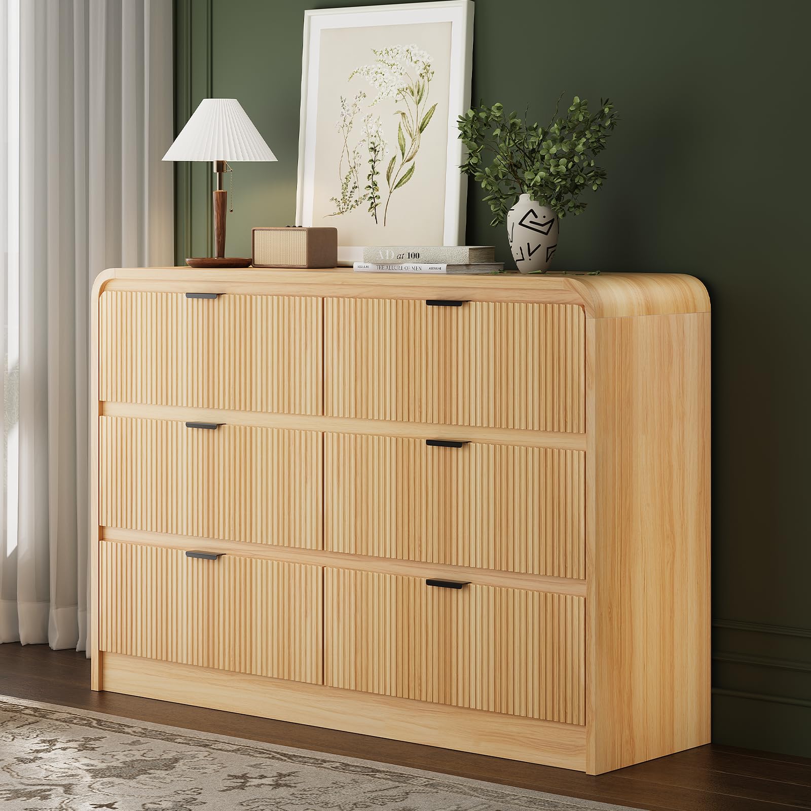 Fluted 6-Drawer Dresser – 54" Wide Oak Storage Chest with Curved Design & Metal Handles for Bedroom or Hallway