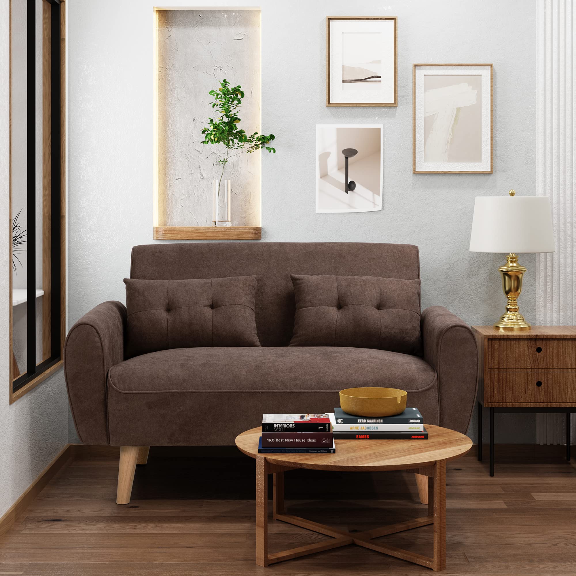 Small Modern Loveseat – Brown Mid-Century Fabric Couch with 2 Pillows for Living Room, Apartment or Studio