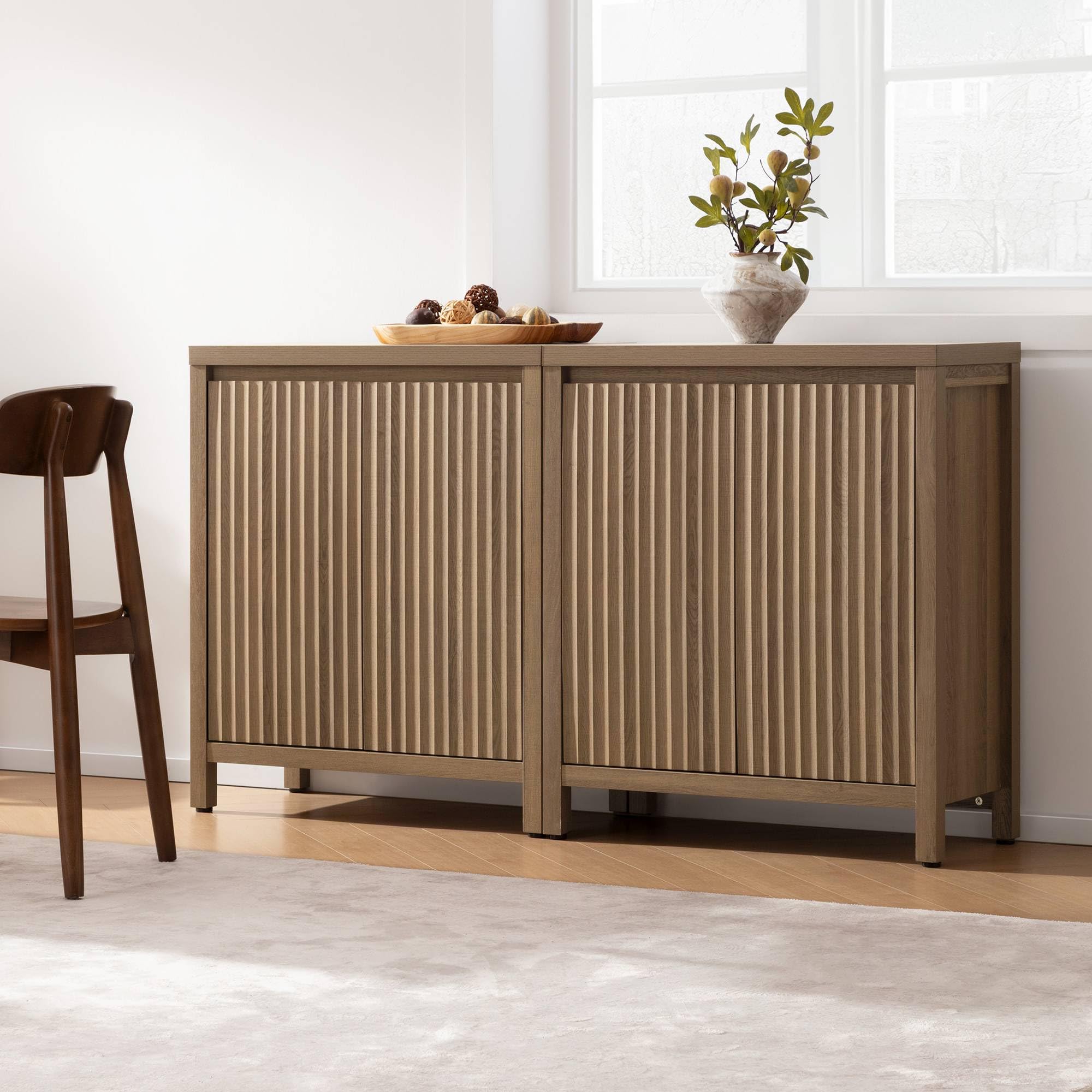 FURNIXI Set of 2 Fluted Sideboard Buffet Cabinets with Adjustable Shelves, Farmhouse Credenza for Kitchen, Oak